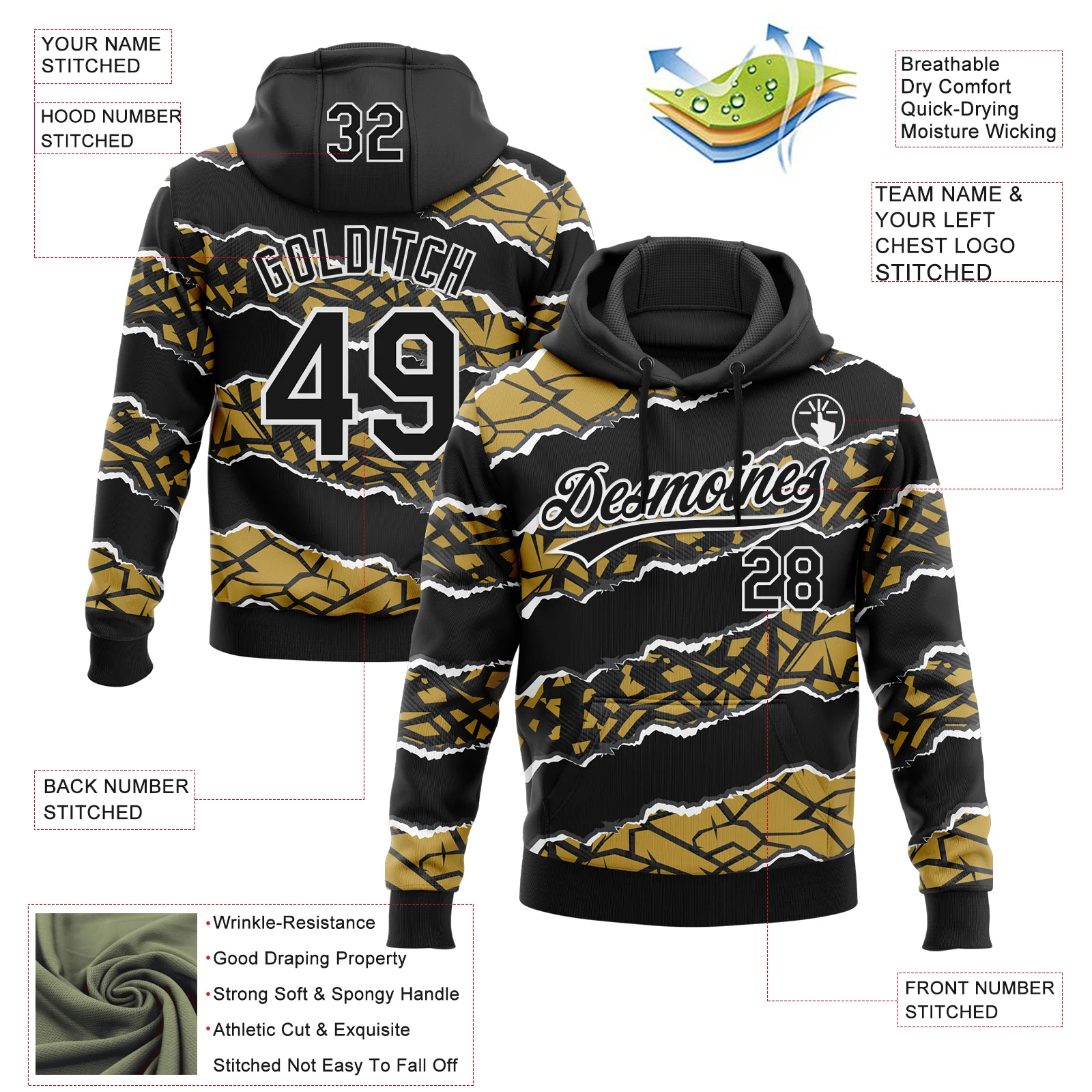 Custom Stitched Black Old Gold-White 3D Pattern Design Torn Paper Style Sports Pullover Sweatshirt Hoodie - Image 2