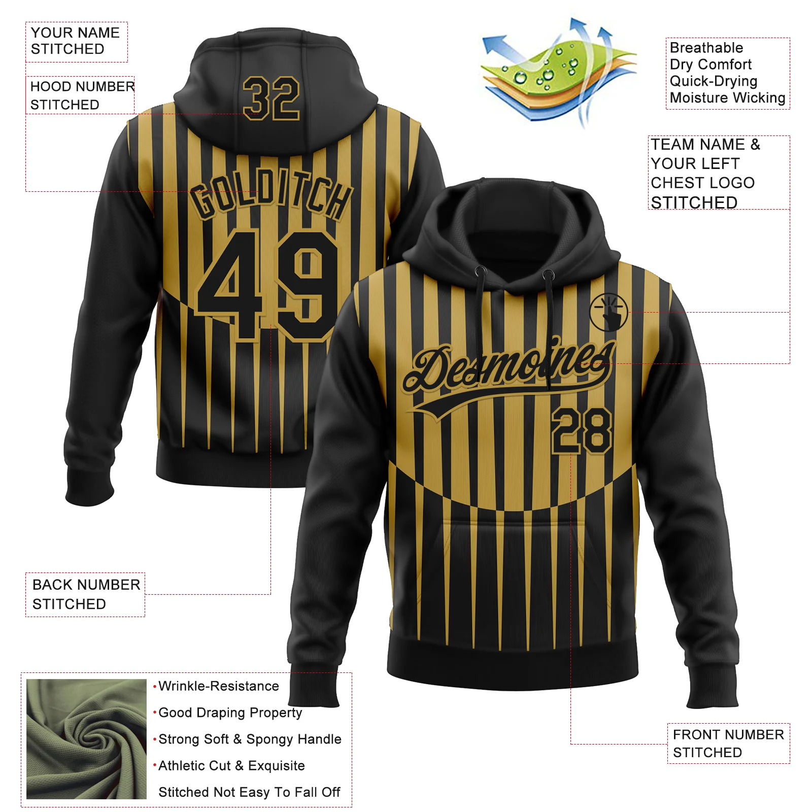 Custom Stitched Black Old Gold 3D Pattern Design Line Sportswear Pullover Sweatshirt Hoodie - Image 2