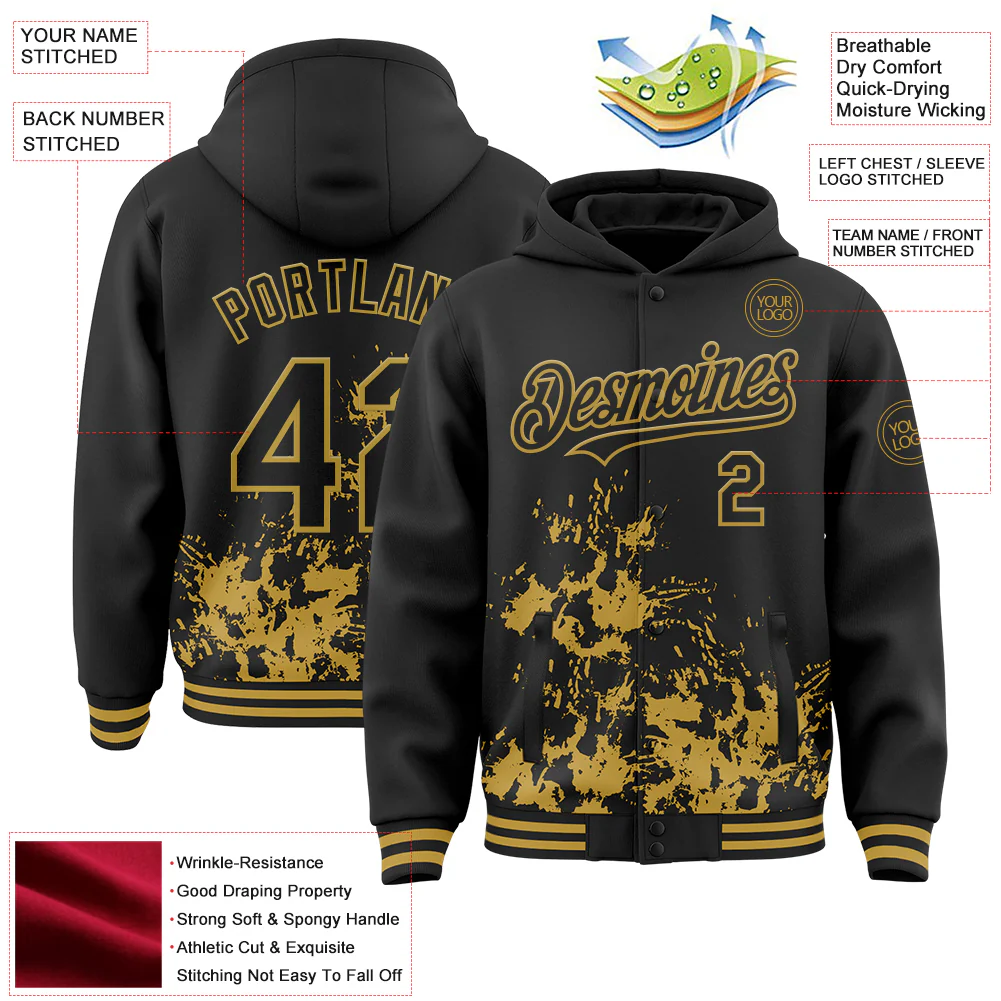 Custom Black Old Gold Splash Art 3D Pattern Design Bomber Full-Snap Varsity Letterman Hoodie Jacket - Image 4