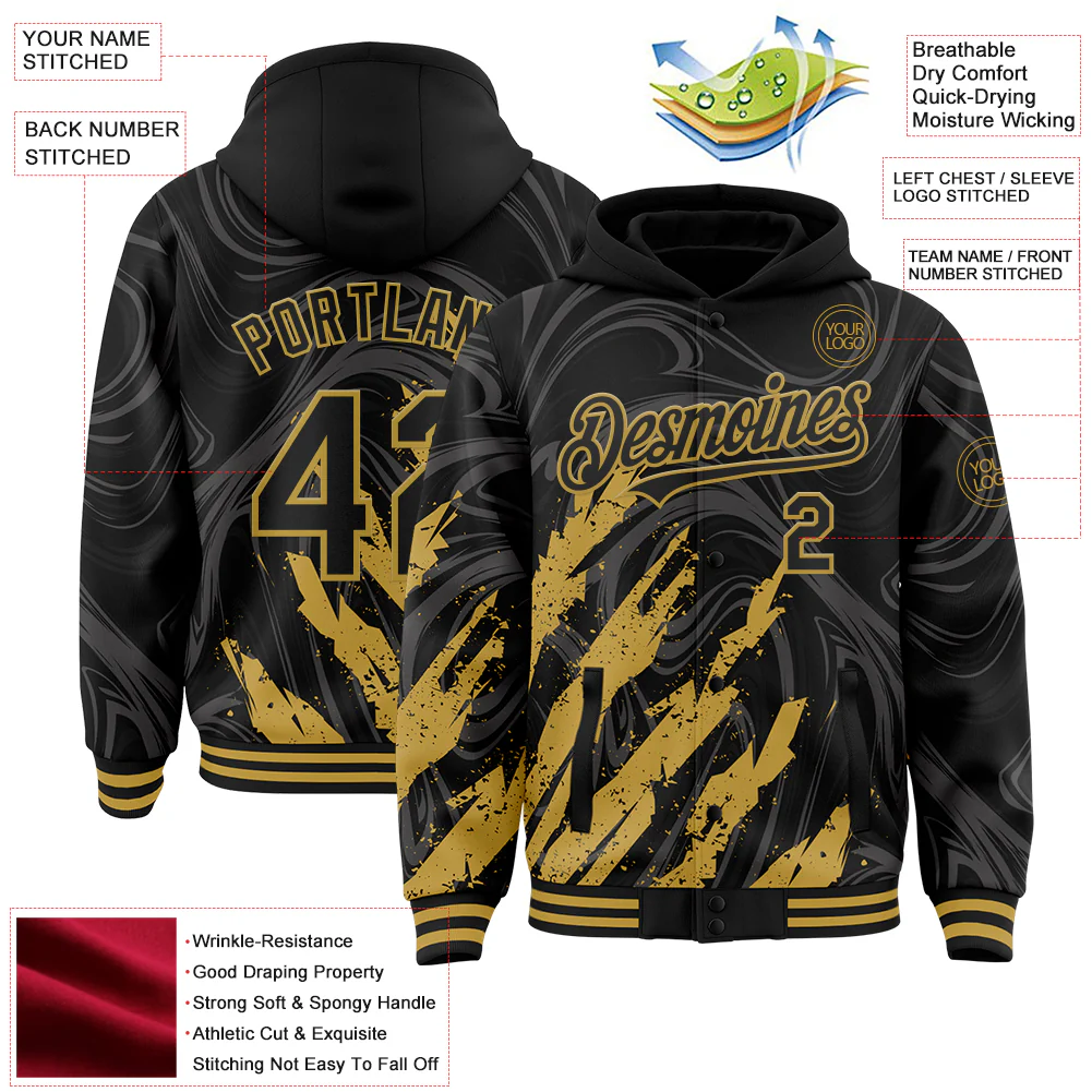 Custom Black Old Gold Splash Bomber Full-Snap Varsity Letterman Hoodie Jacket - Image 4