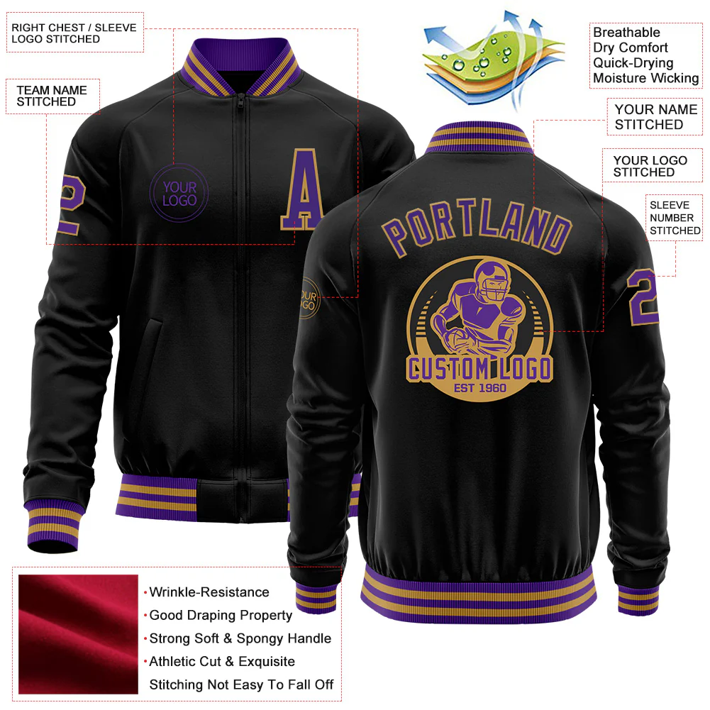 Custom Black Purple-Old Gold Bomber Varsity Letterman Zipper Jacket - Image 4