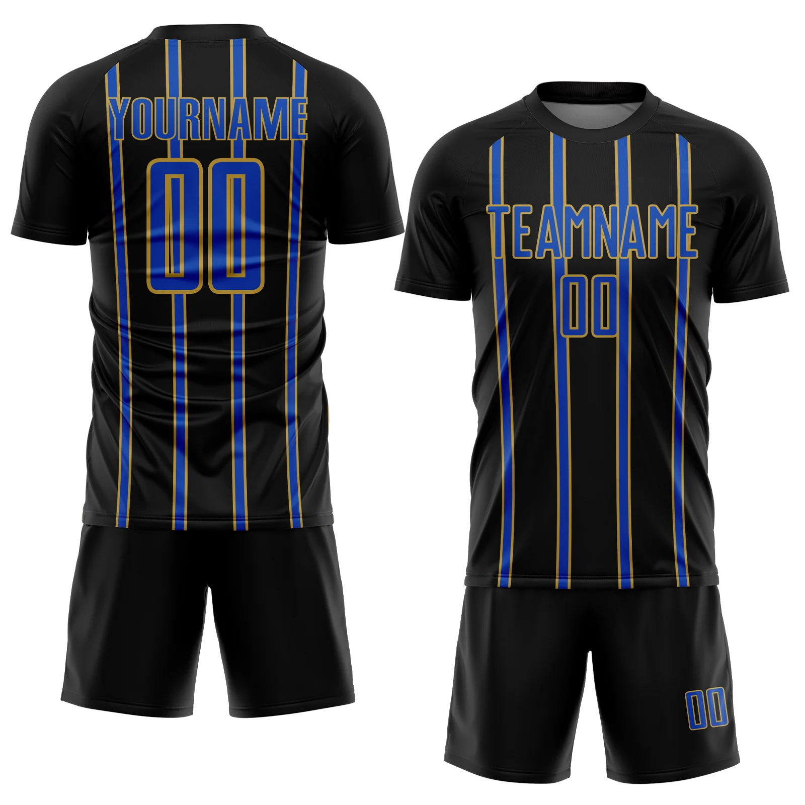 Custom Black Thunder Blue-Old Gold Stripe Line Sublimation Soccer Uniform Jersey - Image 2
