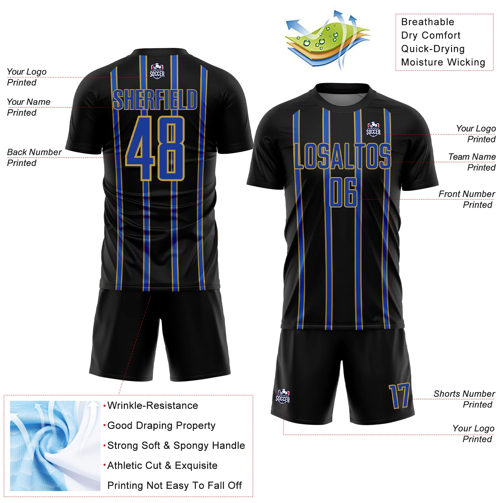 Custom Black Thunder Blue-Old Gold Stripe Line Sublimation Soccer Uniform Jersey - Image 4
