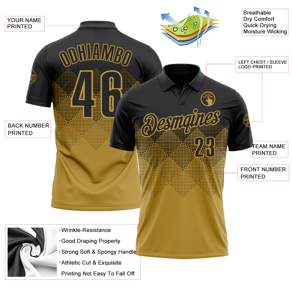 Custom Black Old Gold 3D Pattern Design Gradient Square Shape Performance Polo Shirt - Image 3
