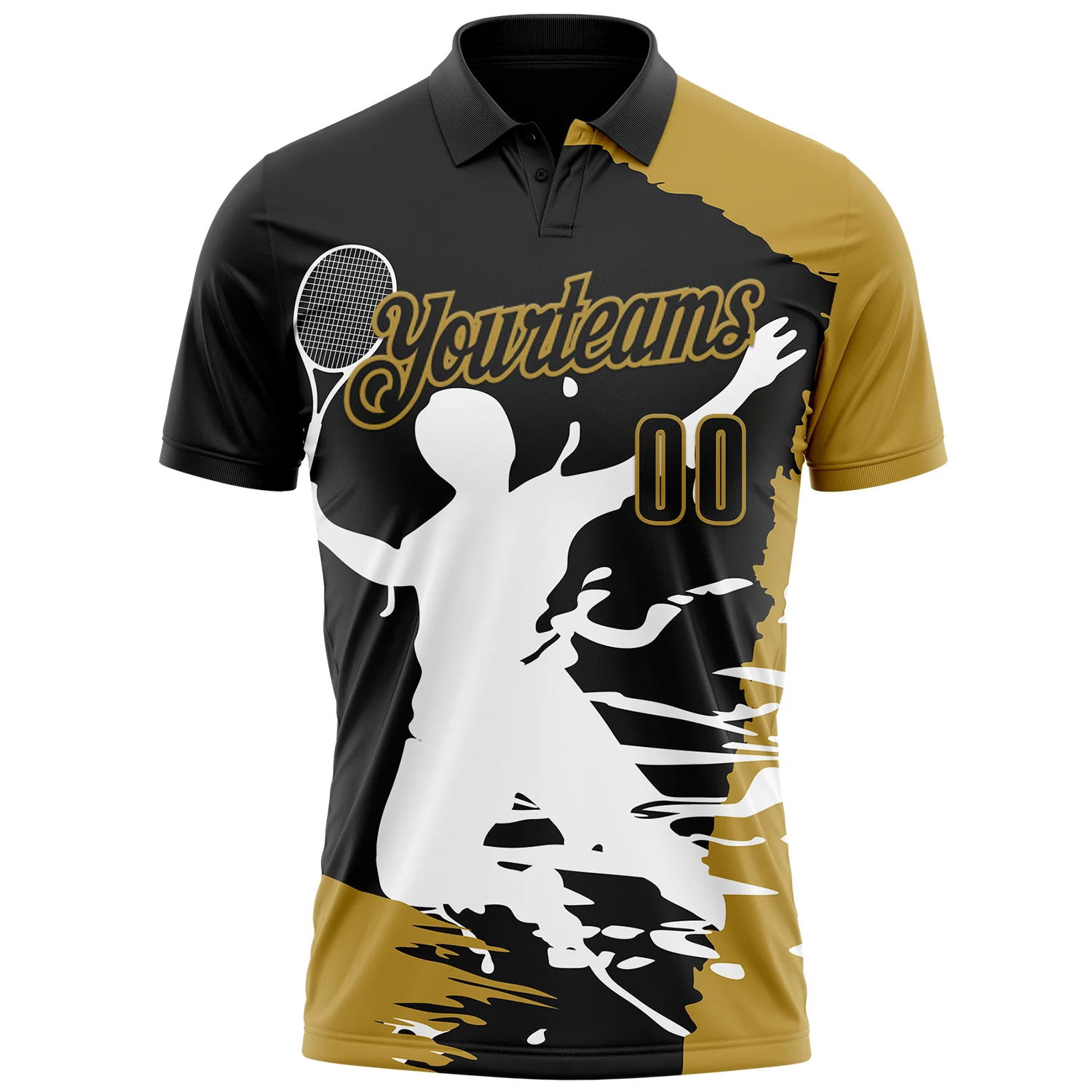 Custom Black Old Gold-White 3D Tennis Performance Polo Shirt - Image 2