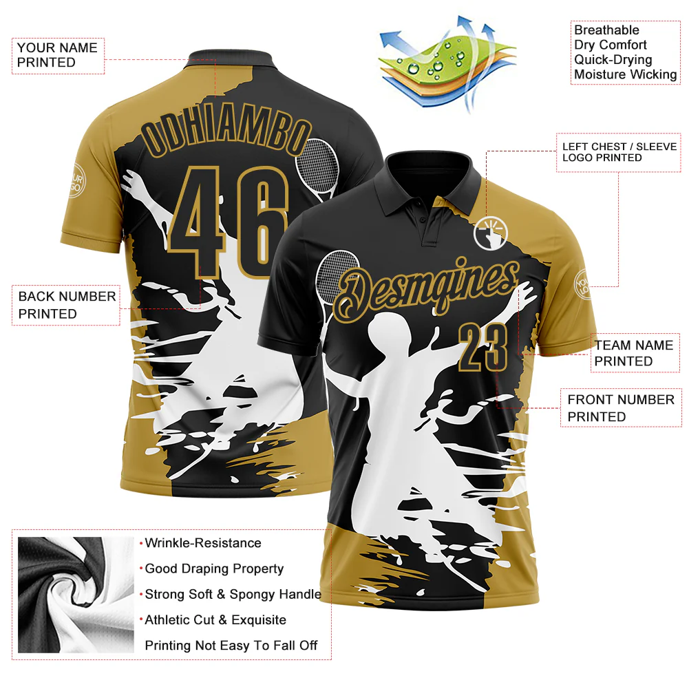 Custom Black Old Gold-White 3D Tennis Performance Polo Shirt - Image 3