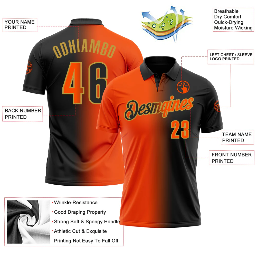 Custom Black Orange-Old Gold 3D Gradient Fashion Performance Polo Shirt - Image 3