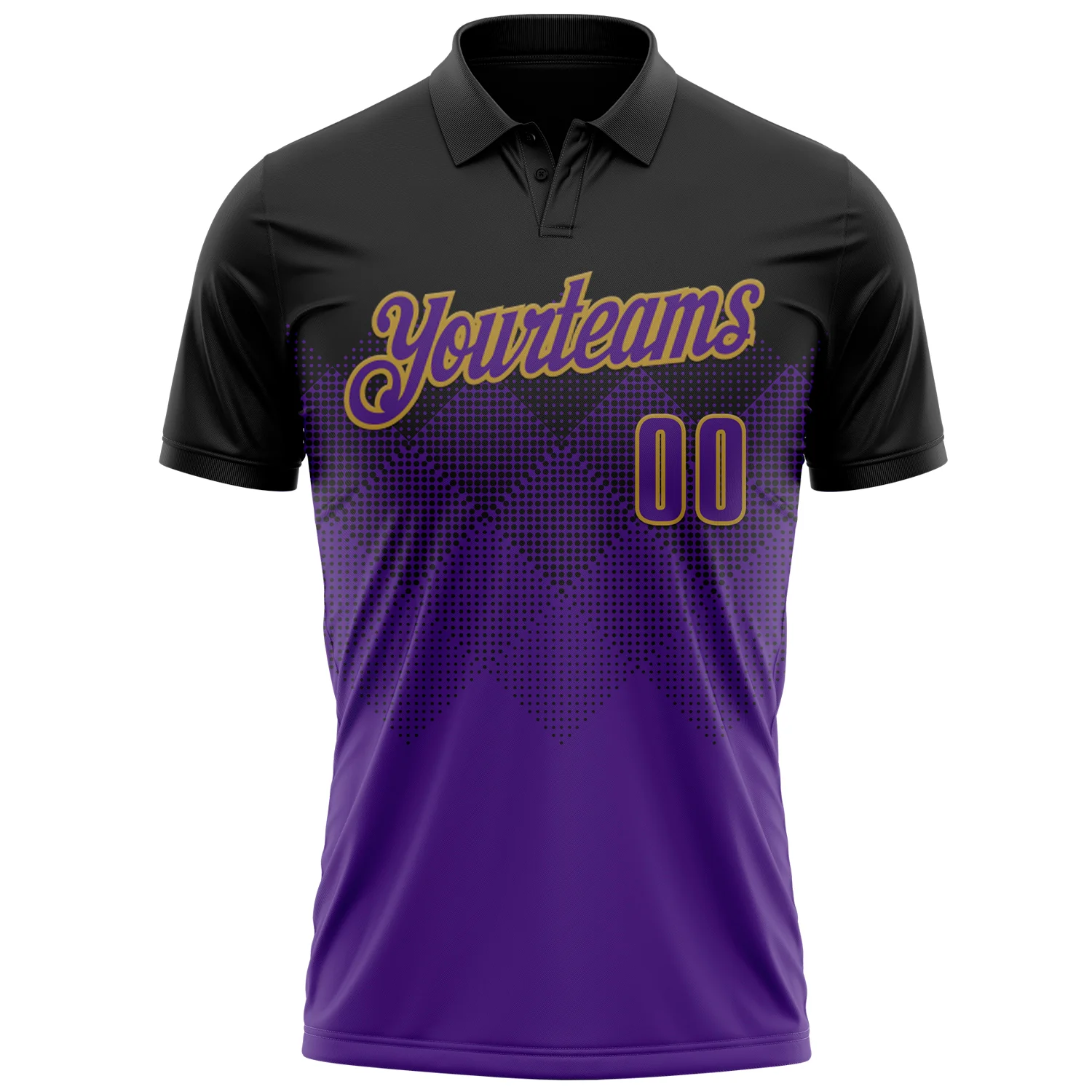Custom Black Purple-Old Gold 3D Pattern Design Gradient Square Shape Performance Polo Shirt - Image 2