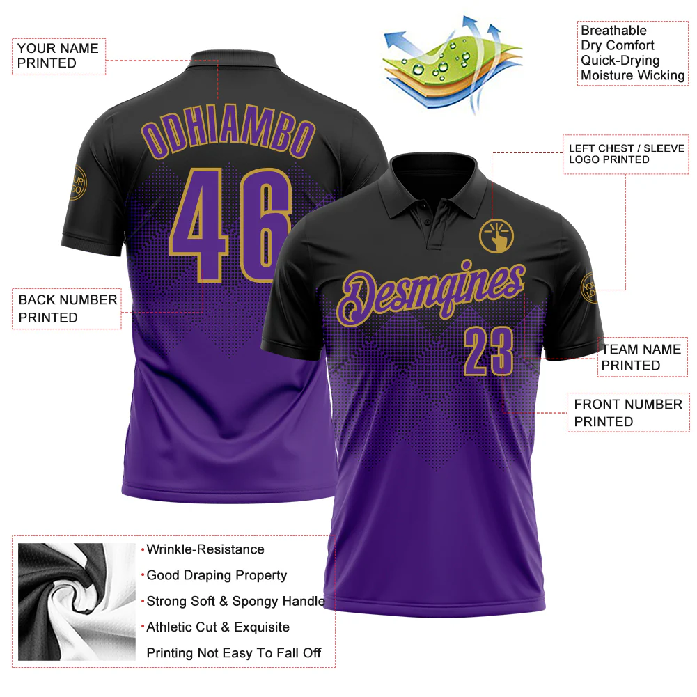 Custom Black Purple-Old Gold 3D Pattern Design Gradient Square Shape Performance Polo Shirt - Image 3