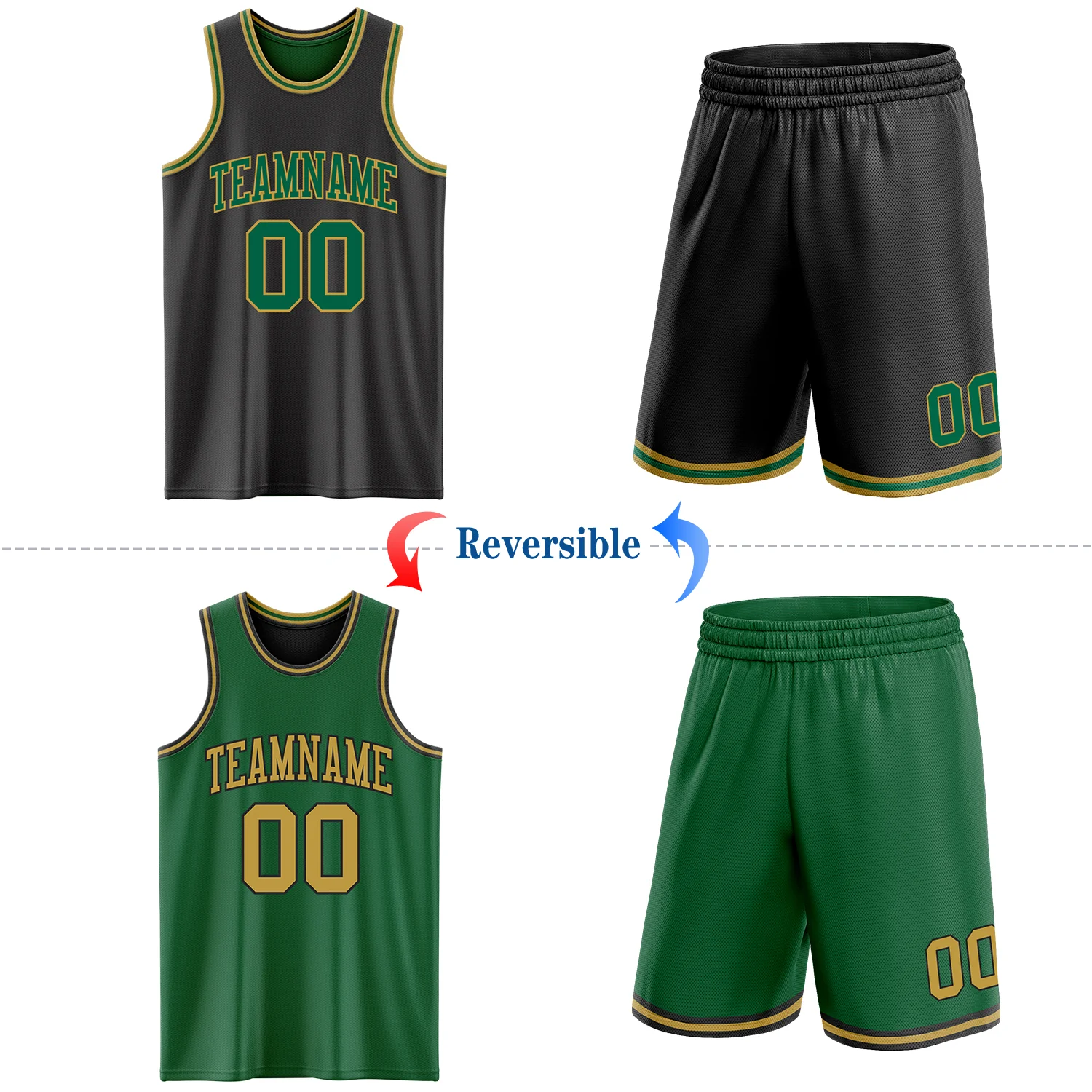 Custom Reversible Black Kelly Green-Old Gold Double Side Sublimation Basketball Suit Jersey - Image 2