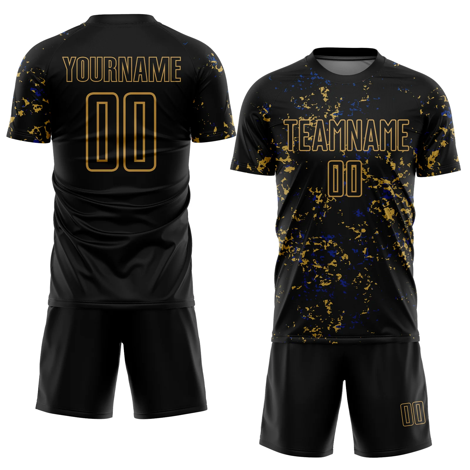 Custom Black Old Gold-Royal Abstract Fragment Art Sublimation Soccer Uniform Jersey - Image 2