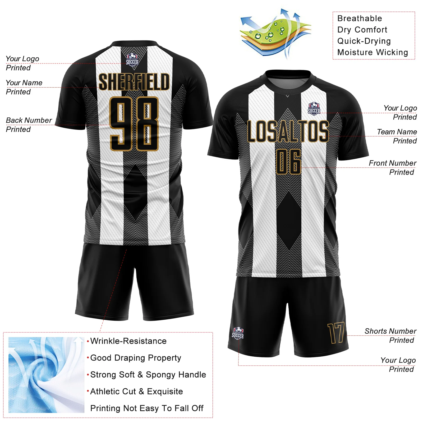 Custom Black Old Gold-White Line Sublimation Soccer Uniform Jersey - Image 4