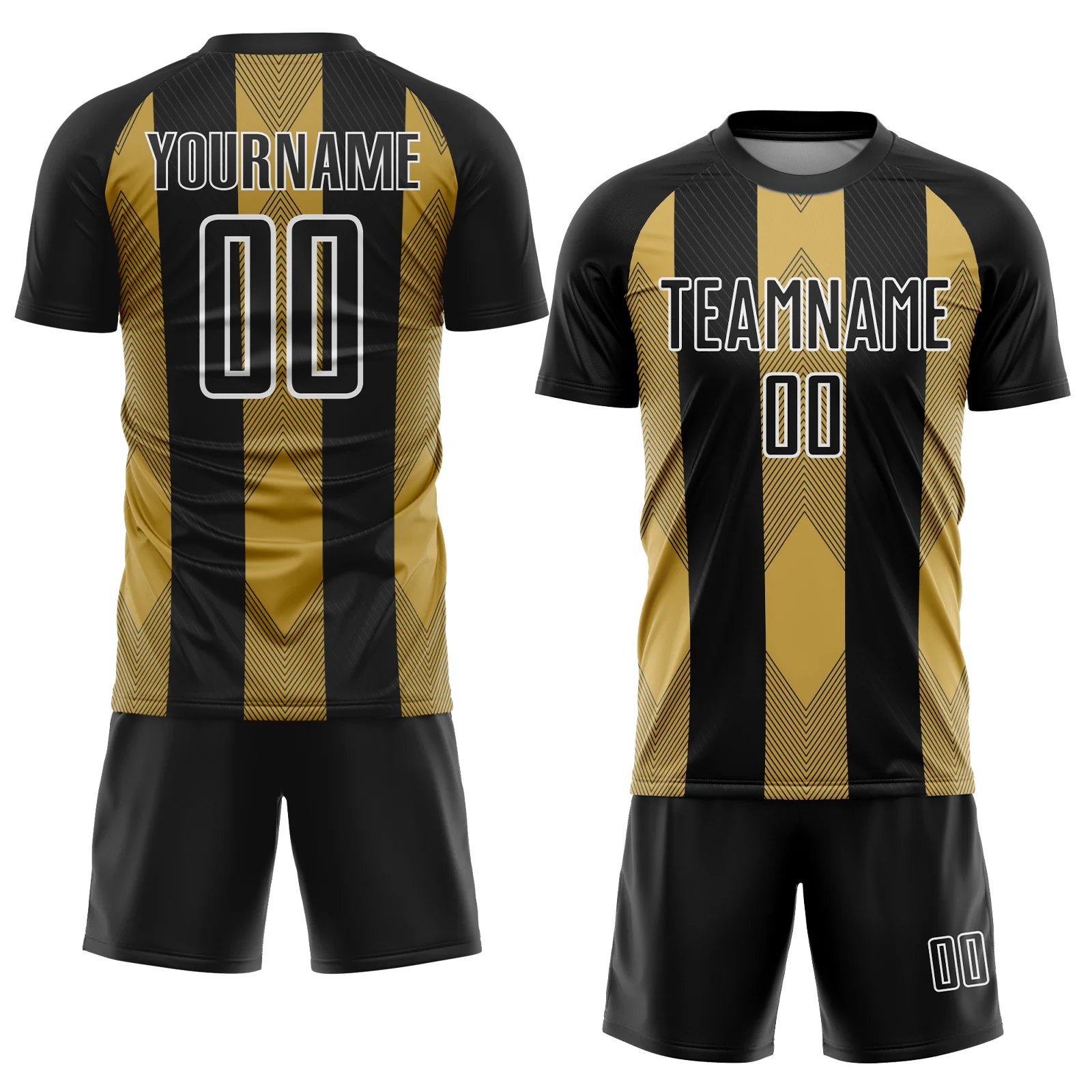 Custom Black Old Gold-White Line Sublimation Soccer Uniform Jersey - Image 2