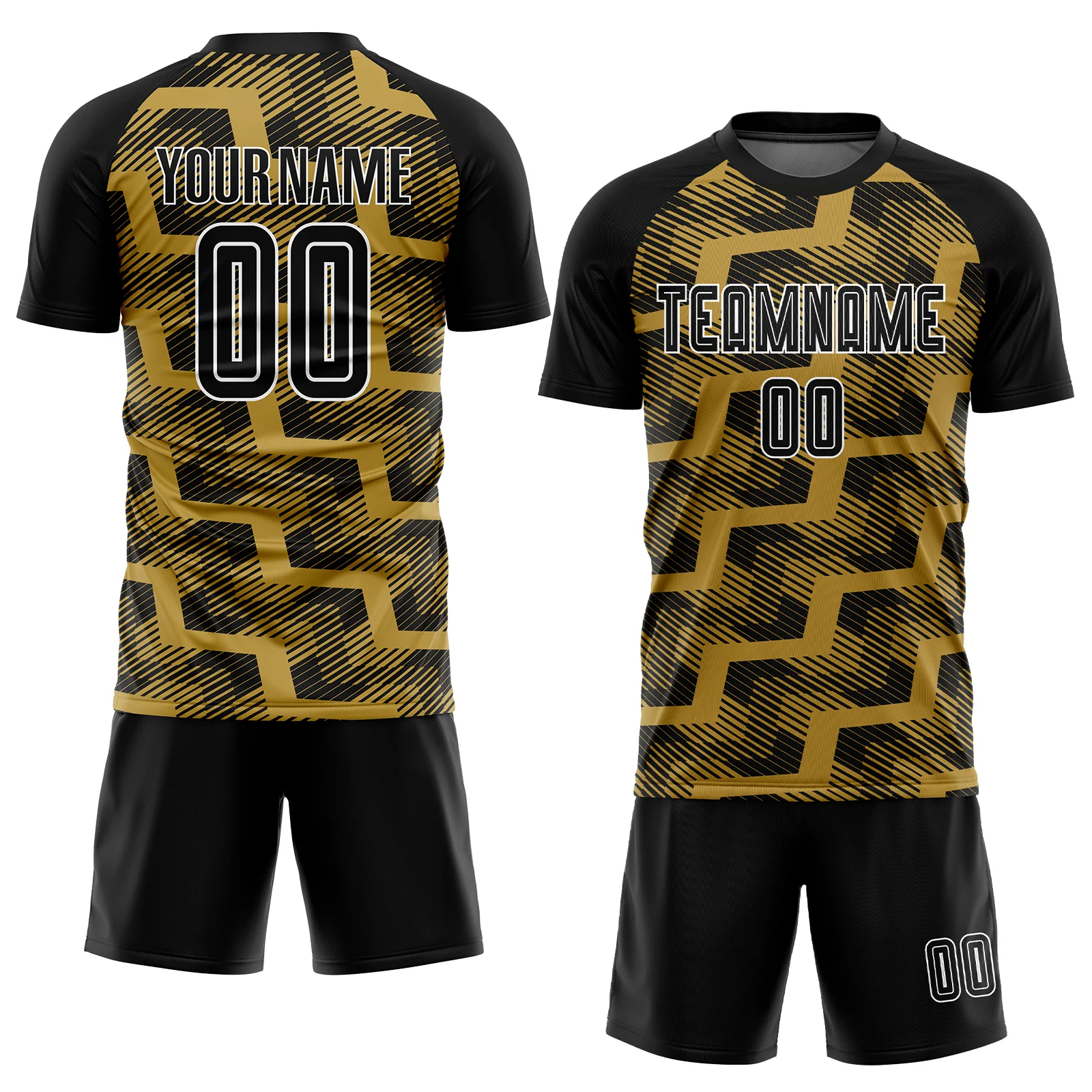 Custom Black Old Gold-White Line Sublimation Soccer Uniform Jersey - Image 2