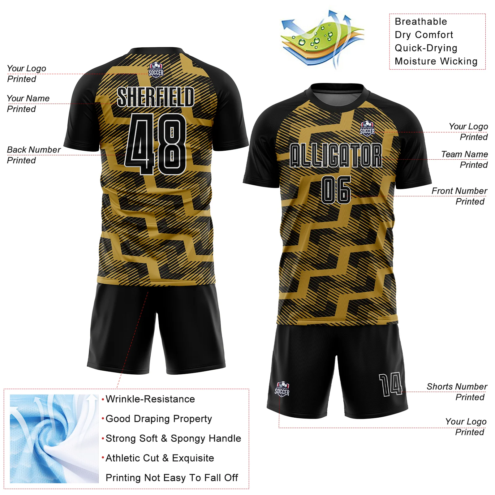 Custom Black Old Gold-White Line Sublimation Soccer Uniform Jersey - Image 4