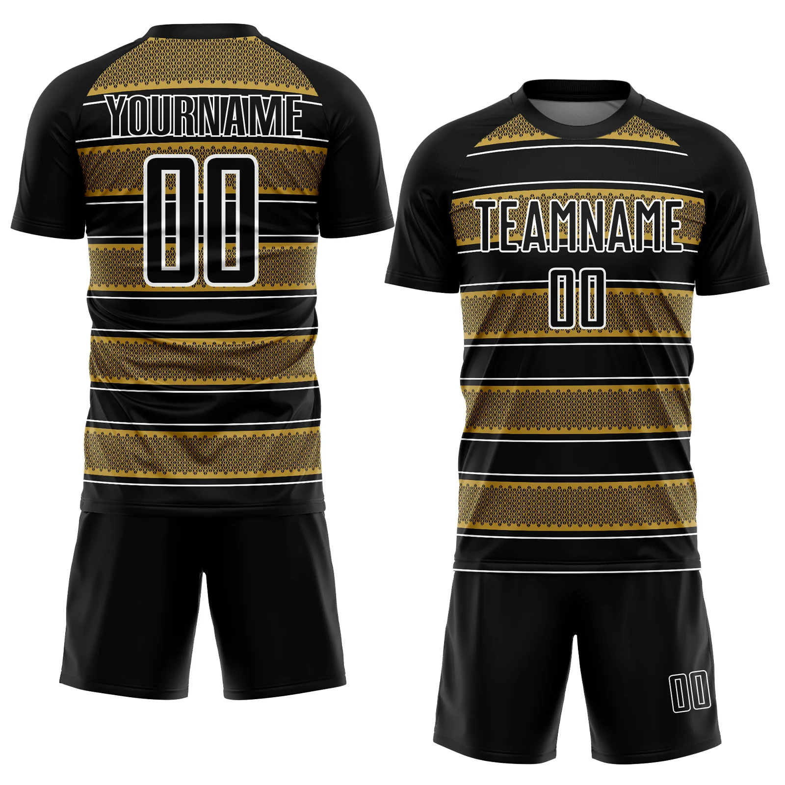 Custom Black Old Gold-White Geometric Shapes And Line Sublimation Soccer Uniform Jersey - Image 2