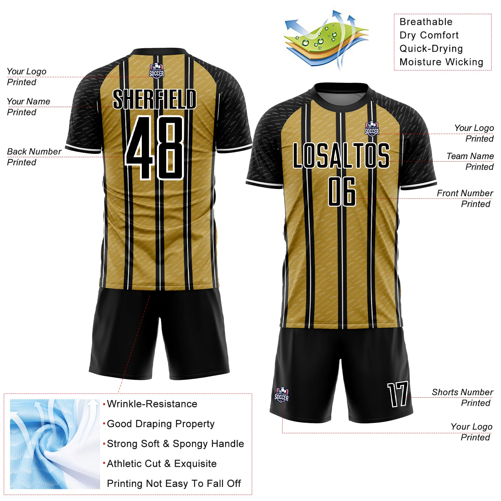 Custom Black Old Gold-White Line Sublimation Soccer Uniform Jersey - Image 4