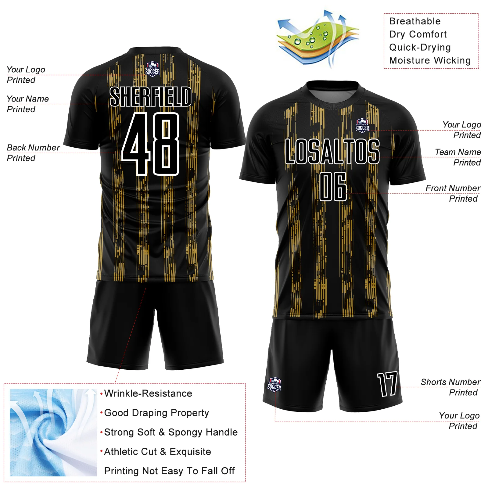 Custom Black Old Gold-White Line Sublimation Soccer Uniform Jersey - Image 4