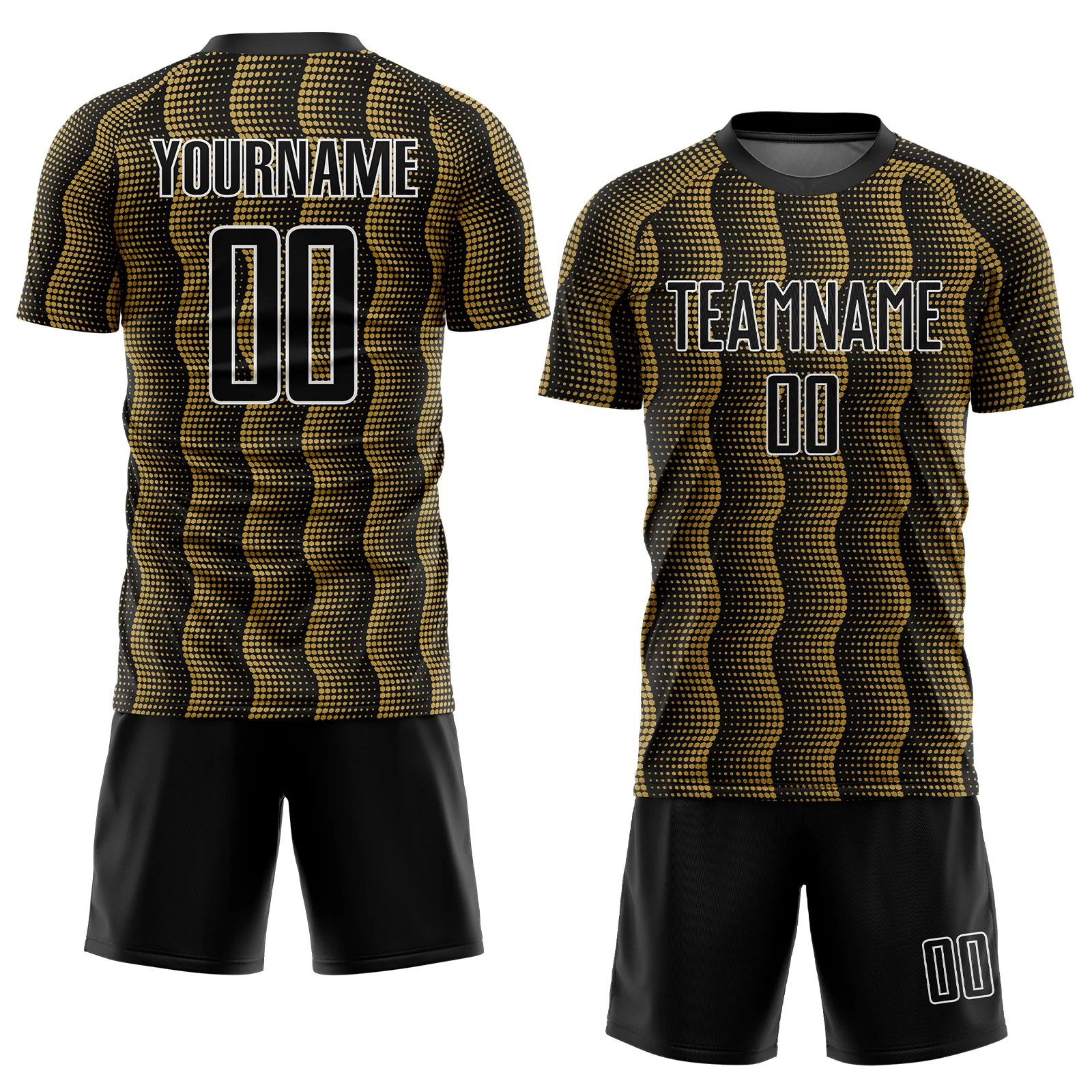 Custom Black Old Gold-White Geometric Shape Sublimation Soccer Uniform Jersey - Image 2
