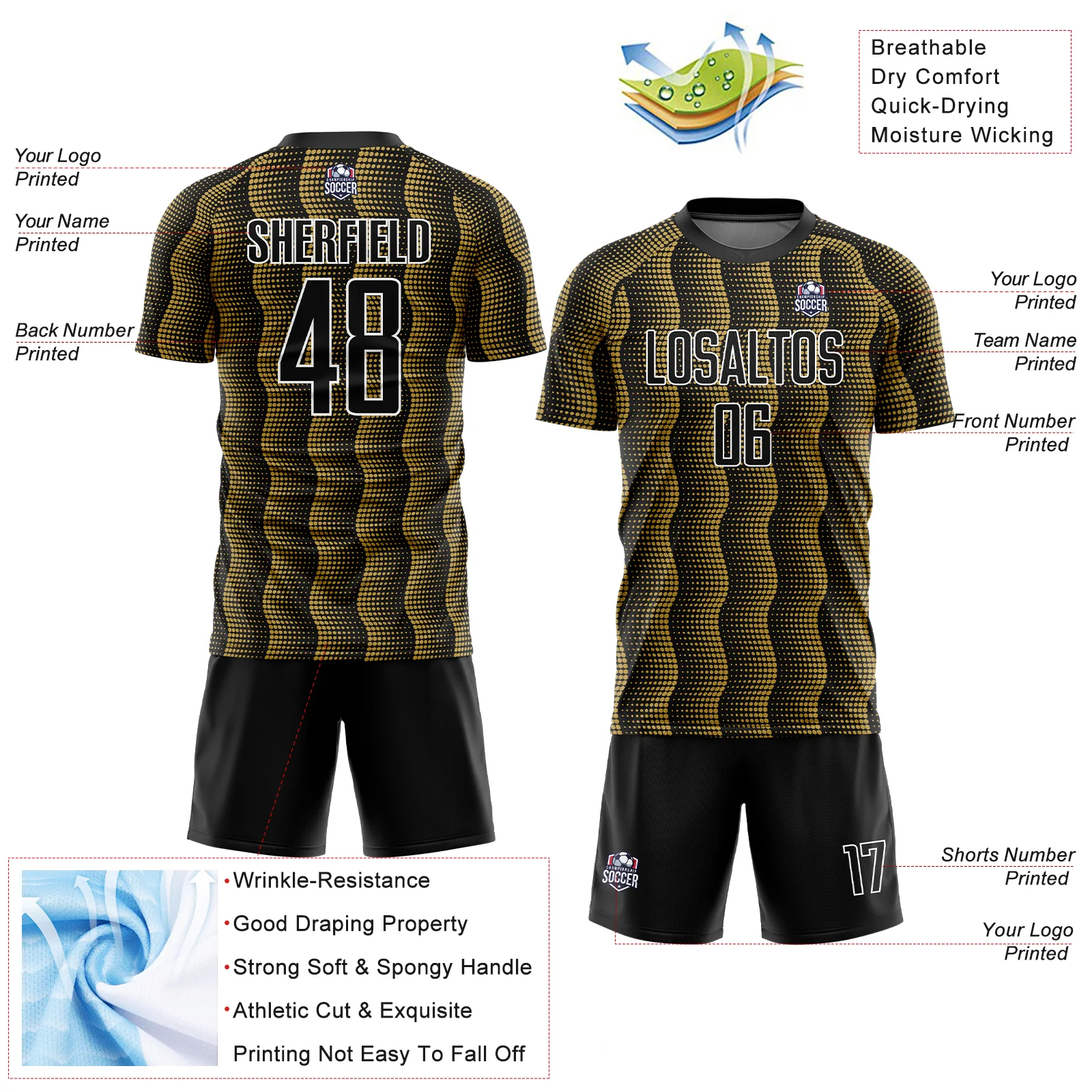 Custom Black Old Gold-White Geometric Shape Sublimation Soccer Uniform Jersey - Image 4
