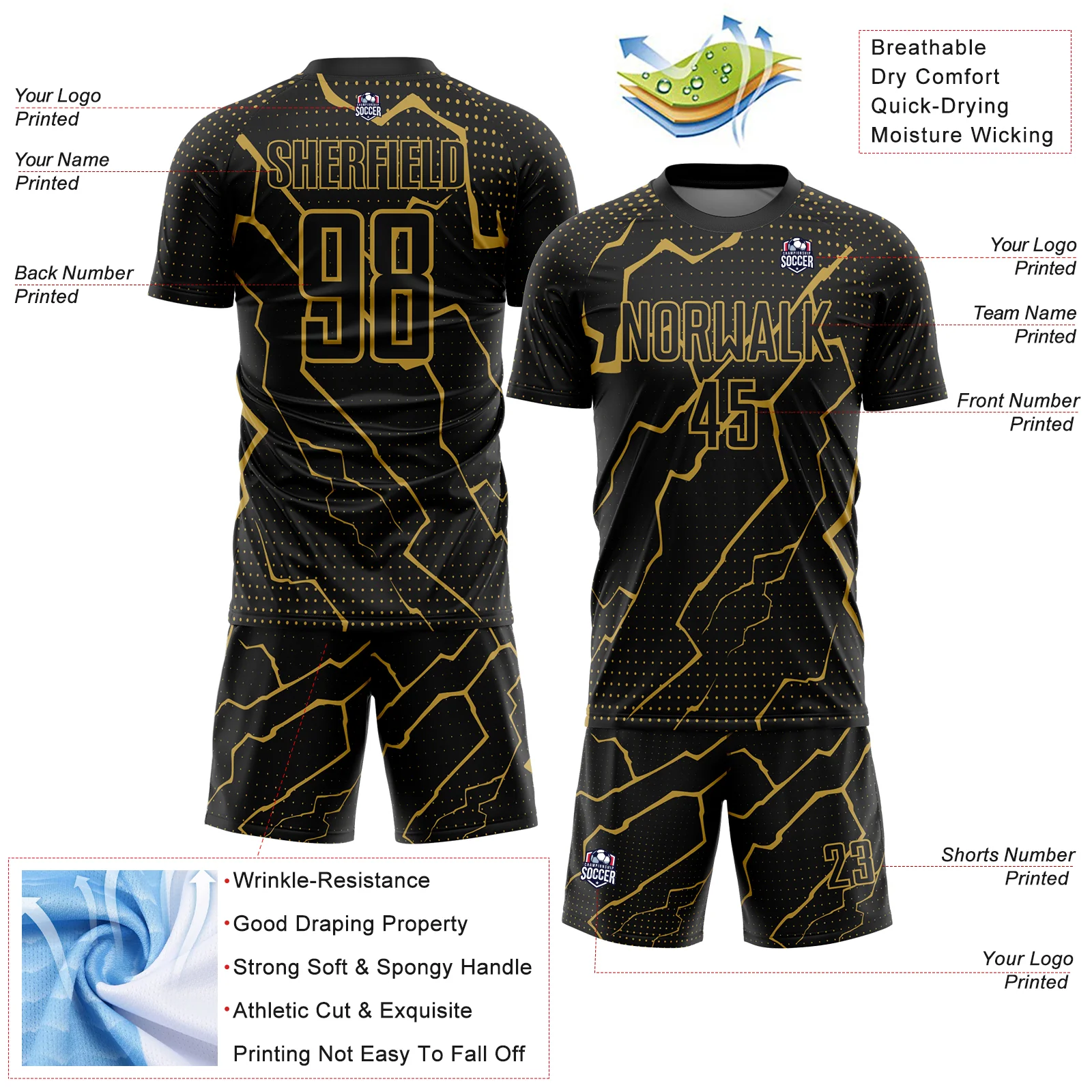 Custom Black Old Gold Lightning Sublimation Soccer Uniform Jersey - Image 4
