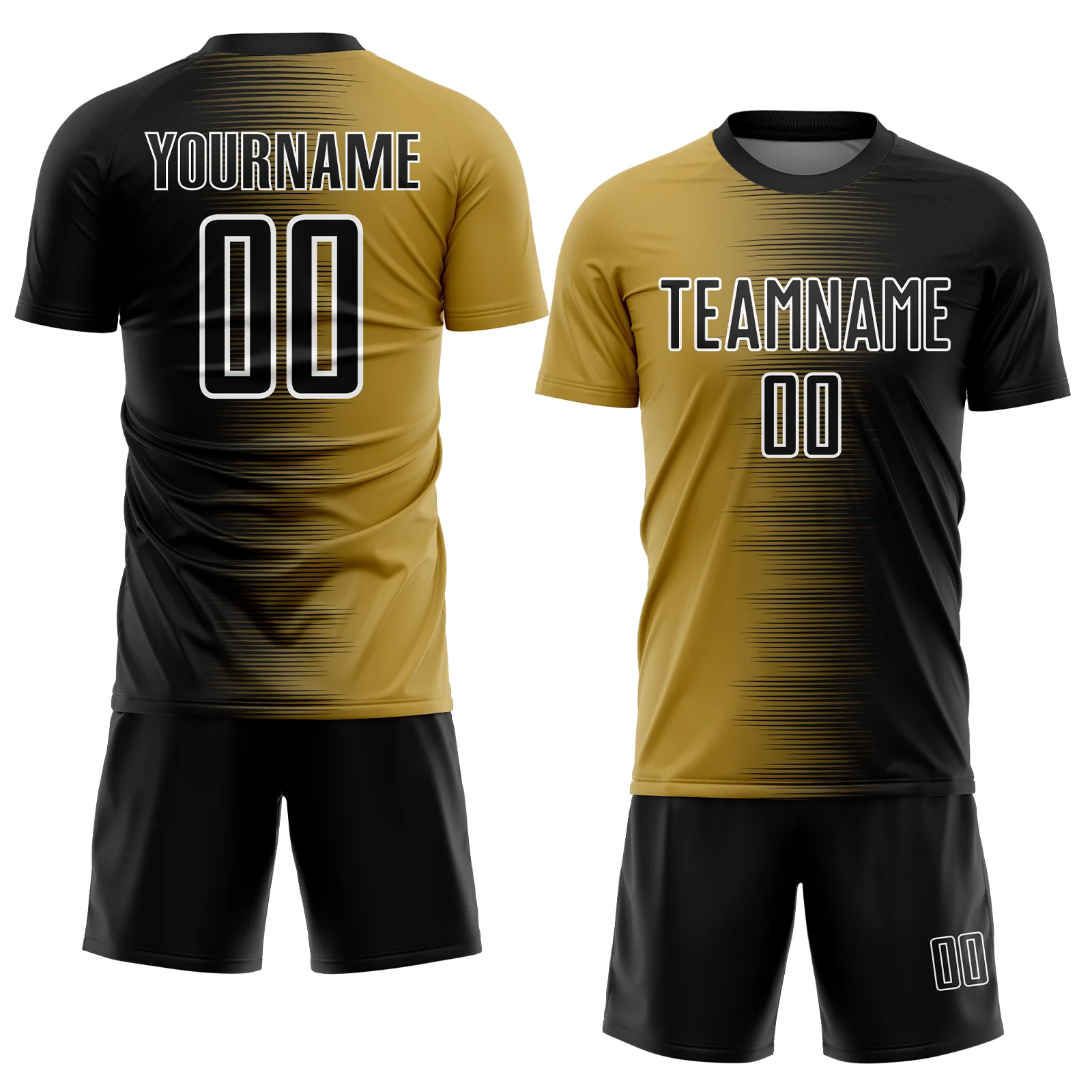 Custom Black Old Gold-White Gradient Line Sublimation Soccer Uniform Jersey - Image 2
