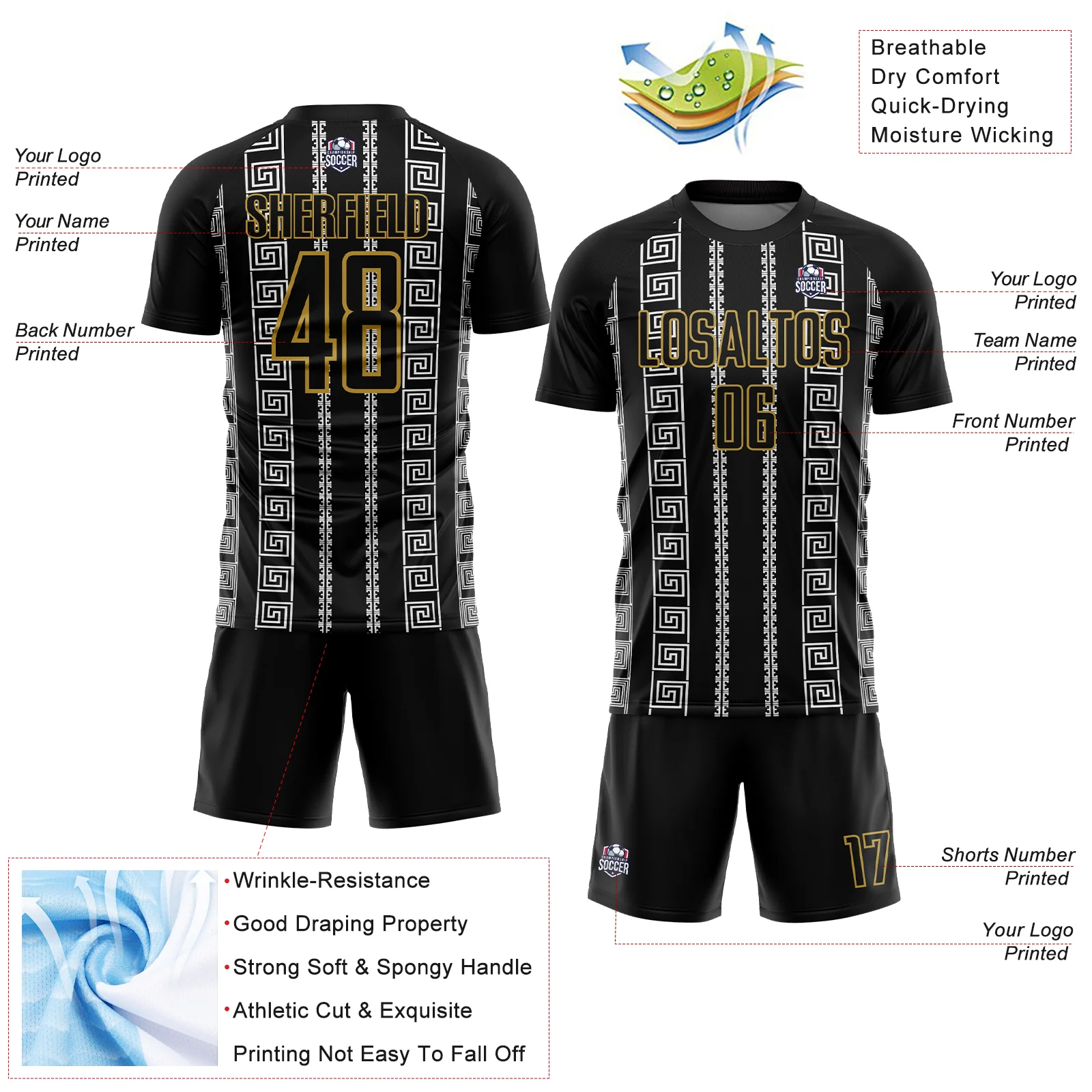 Custom Black Old Gold-White Geometric Shape Sublimation Soccer Uniform Jersey - Image 4