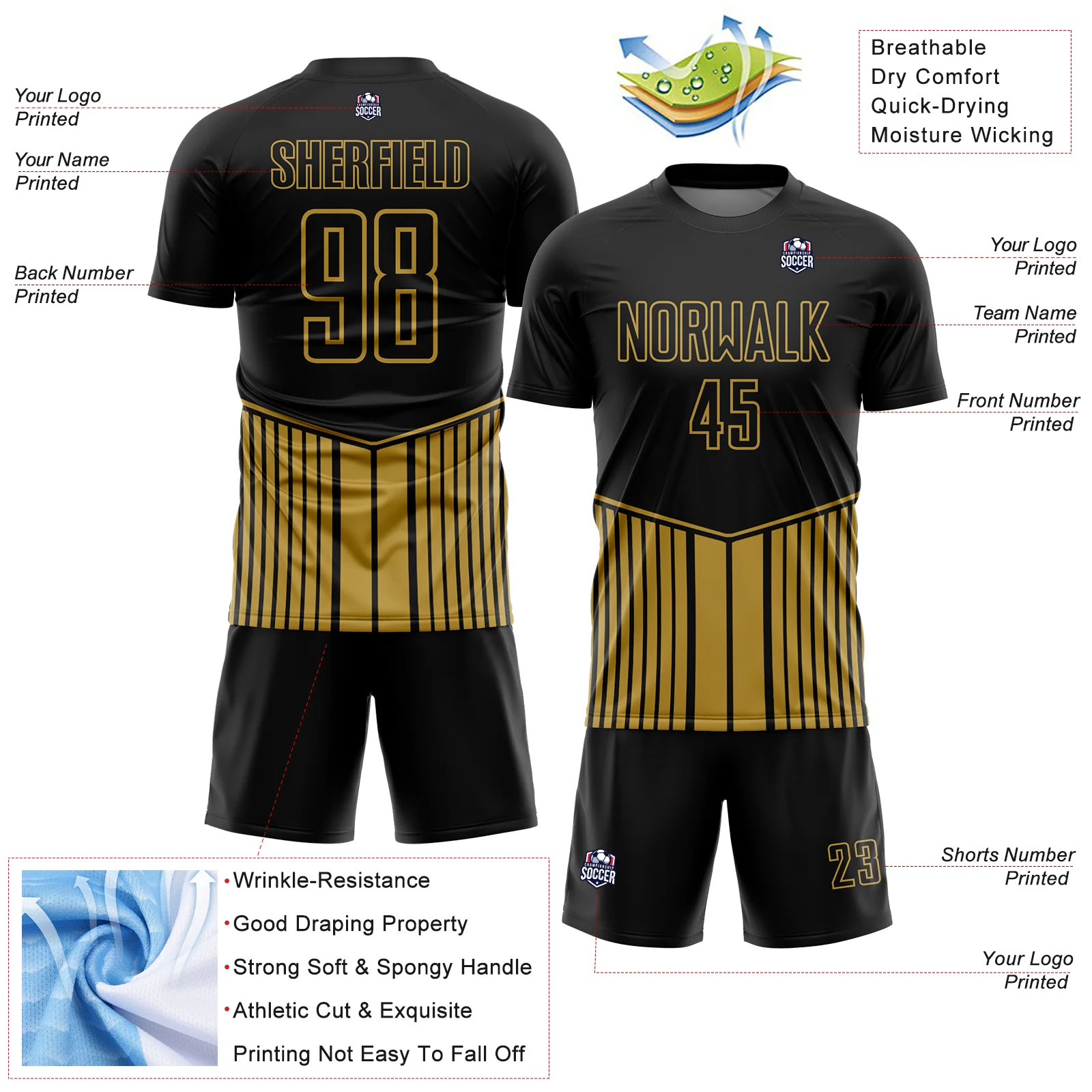 Custom Black Old Gold Stripe Line Sublimation Soccer Uniform Jersey - Image 4