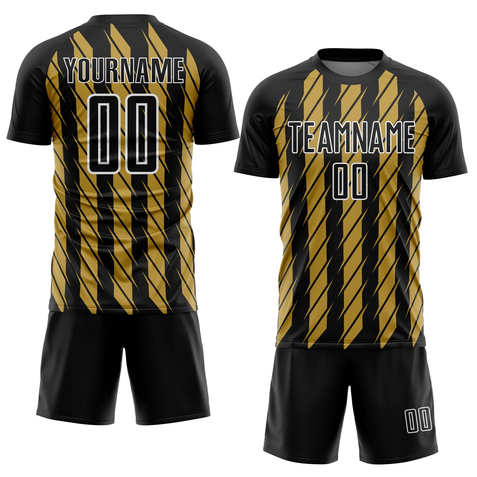 Custom Black Old Gold-White Stripe Line Sublimation Soccer Uniform Jersey - Image 2
