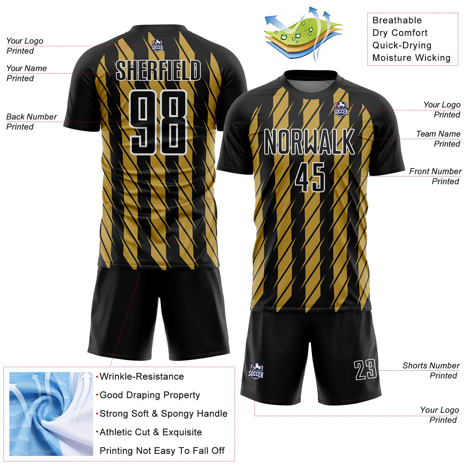 Custom Black Old Gold-White Stripe Line Sublimation Soccer Uniform Jersey - Image 4