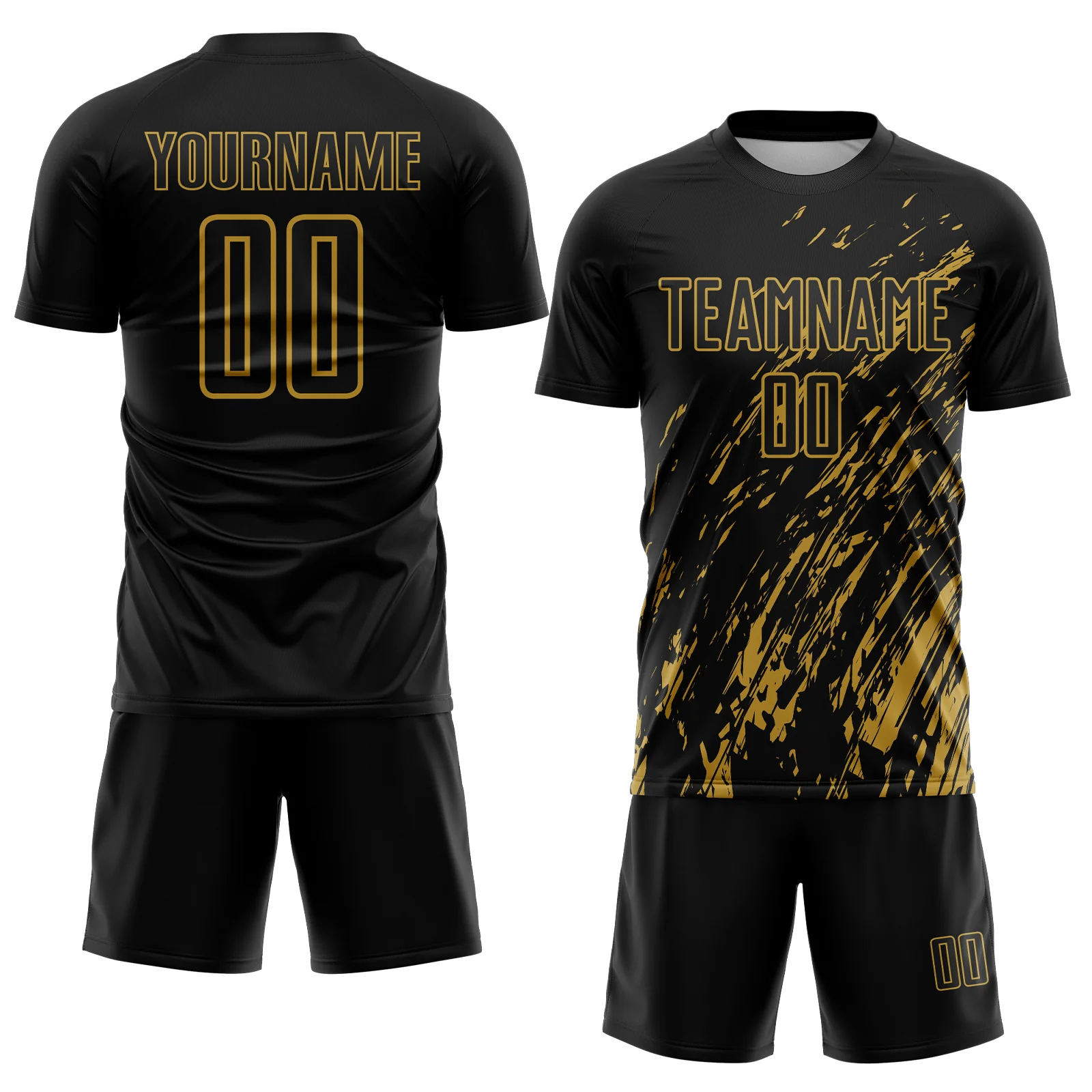 Custom Black Old Gold Splash Sublimation Soccer Uniform Jersey - Image 2