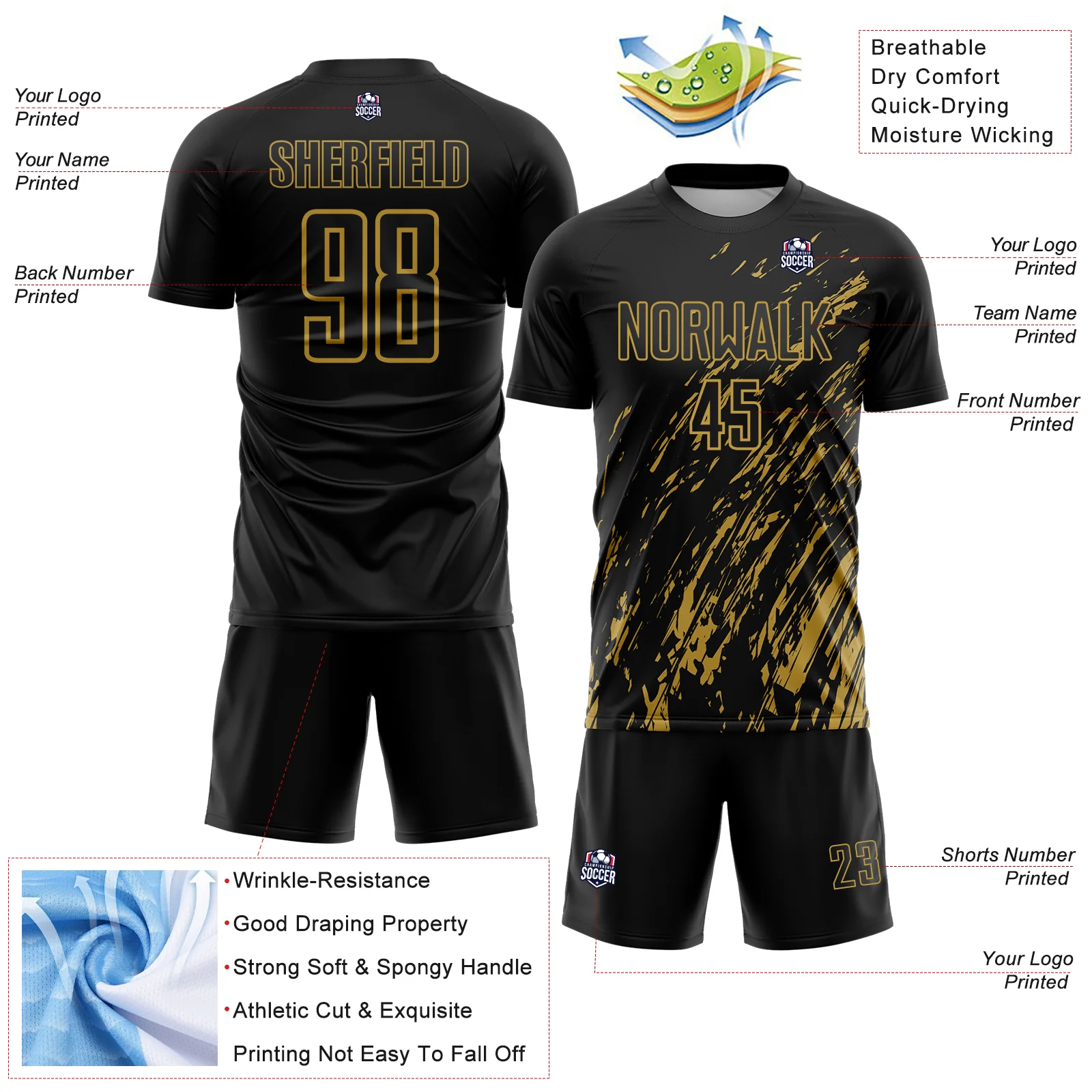 Custom Black Old Gold Splash Sublimation Soccer Uniform Jersey - Image 4