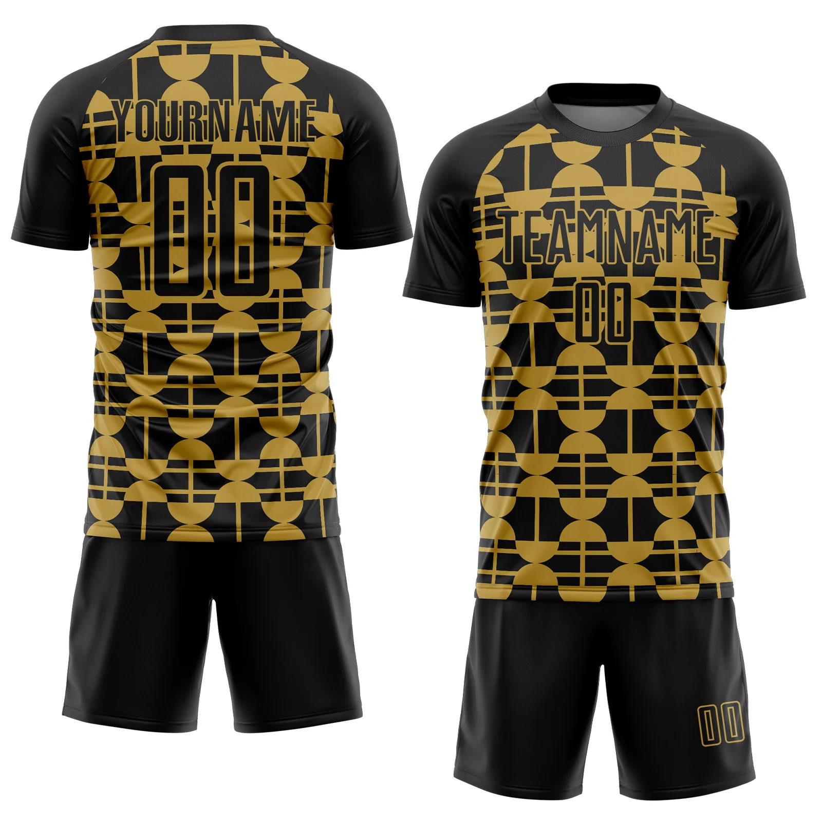 Custom Black Old Gold Geometric Shapes Sports Sublimation Soccer Uniform Jersey - Image 2