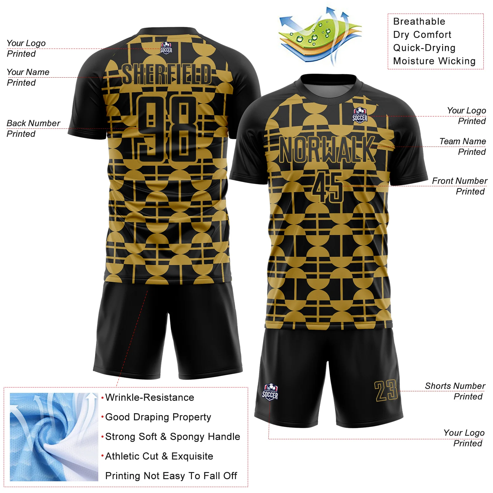 Custom Black Old Gold Geometric Shapes Sports Sublimation Soccer Uniform Jersey - Image 4
