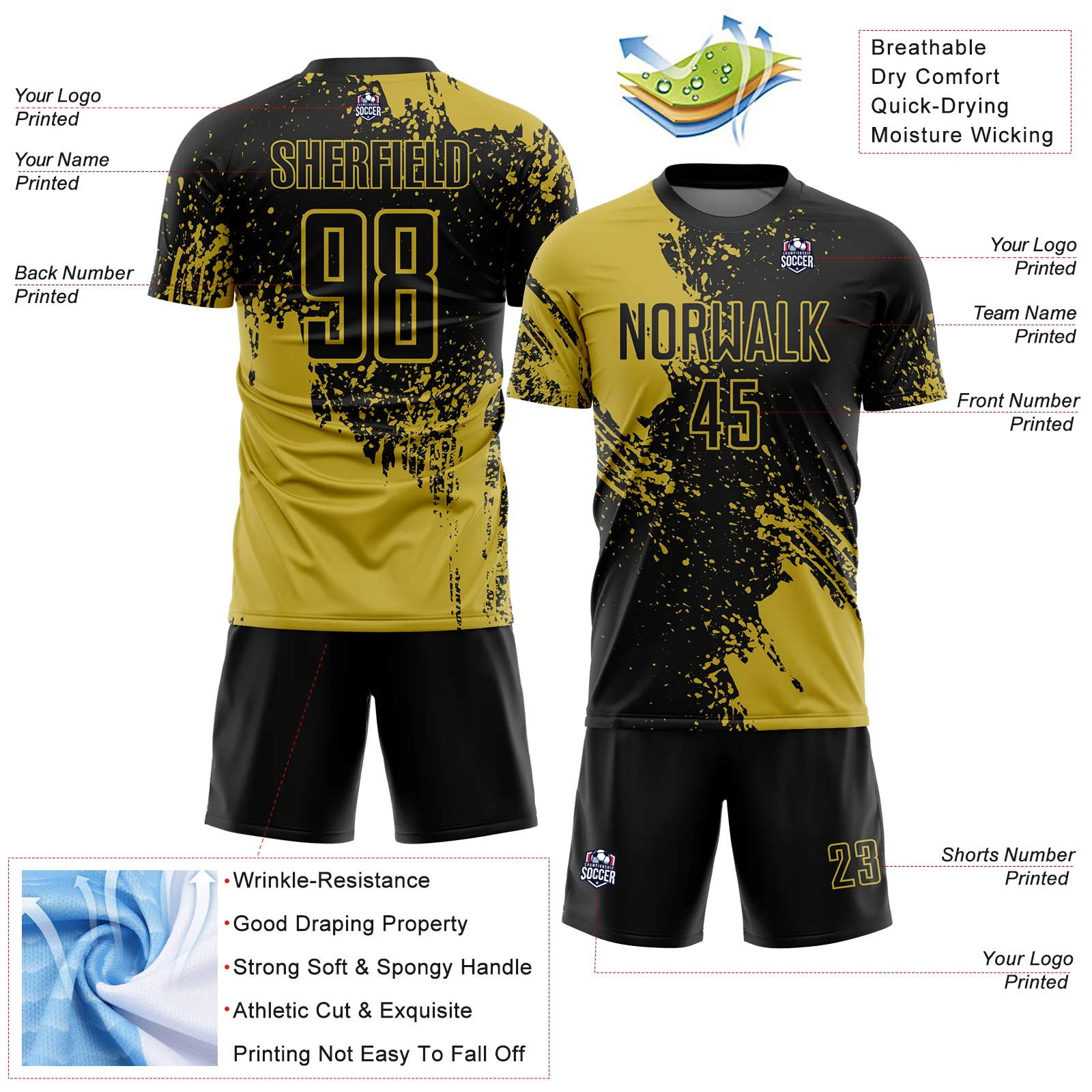 Custom Black Old Gold Abstract Brush Stroke Sports Sublimation Soccer Uniform Jersey - Image 4
