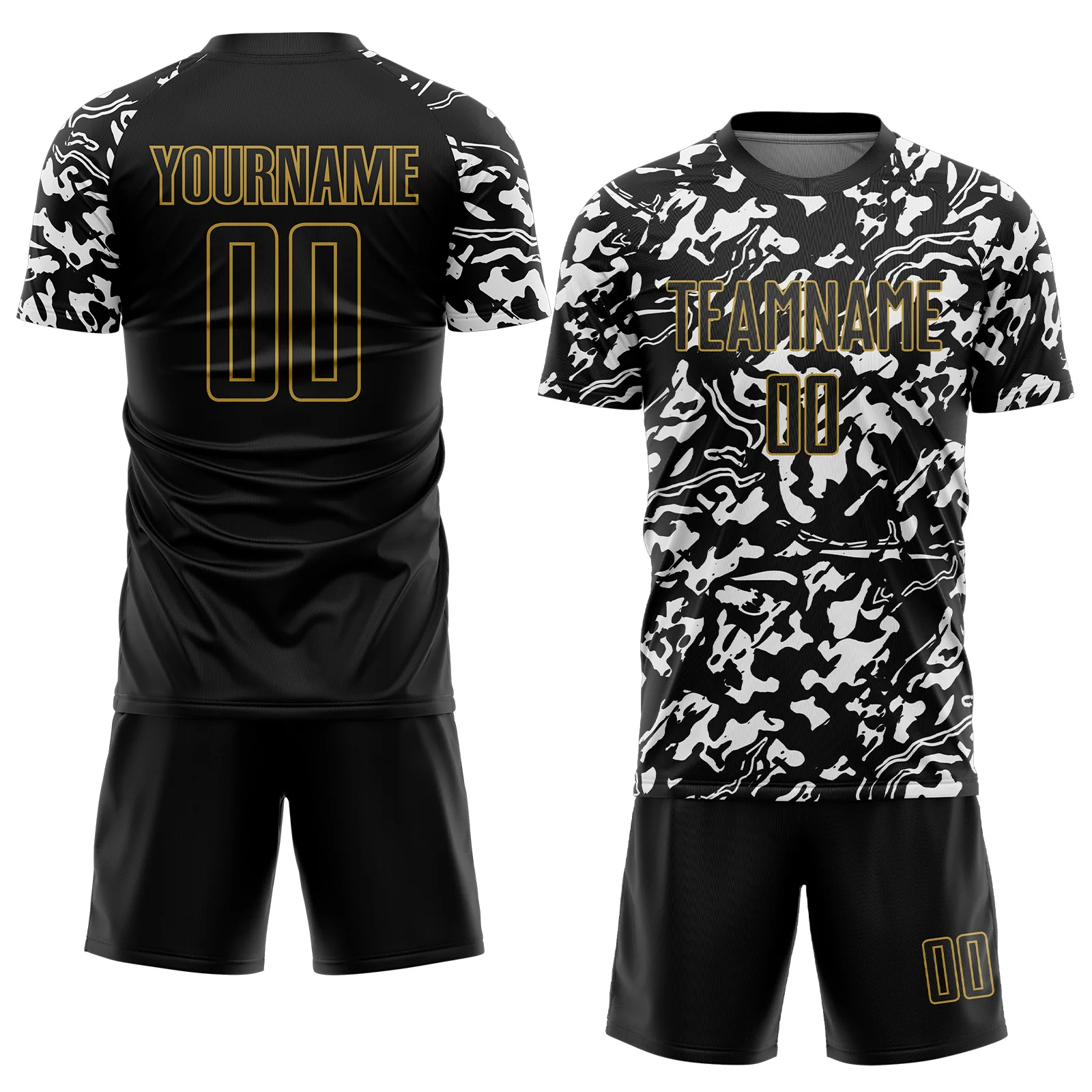 Custom Black Old Gold-White Liquid Fluid Pattern Sports Sublimation Soccer Uniform Jersey - Image 2