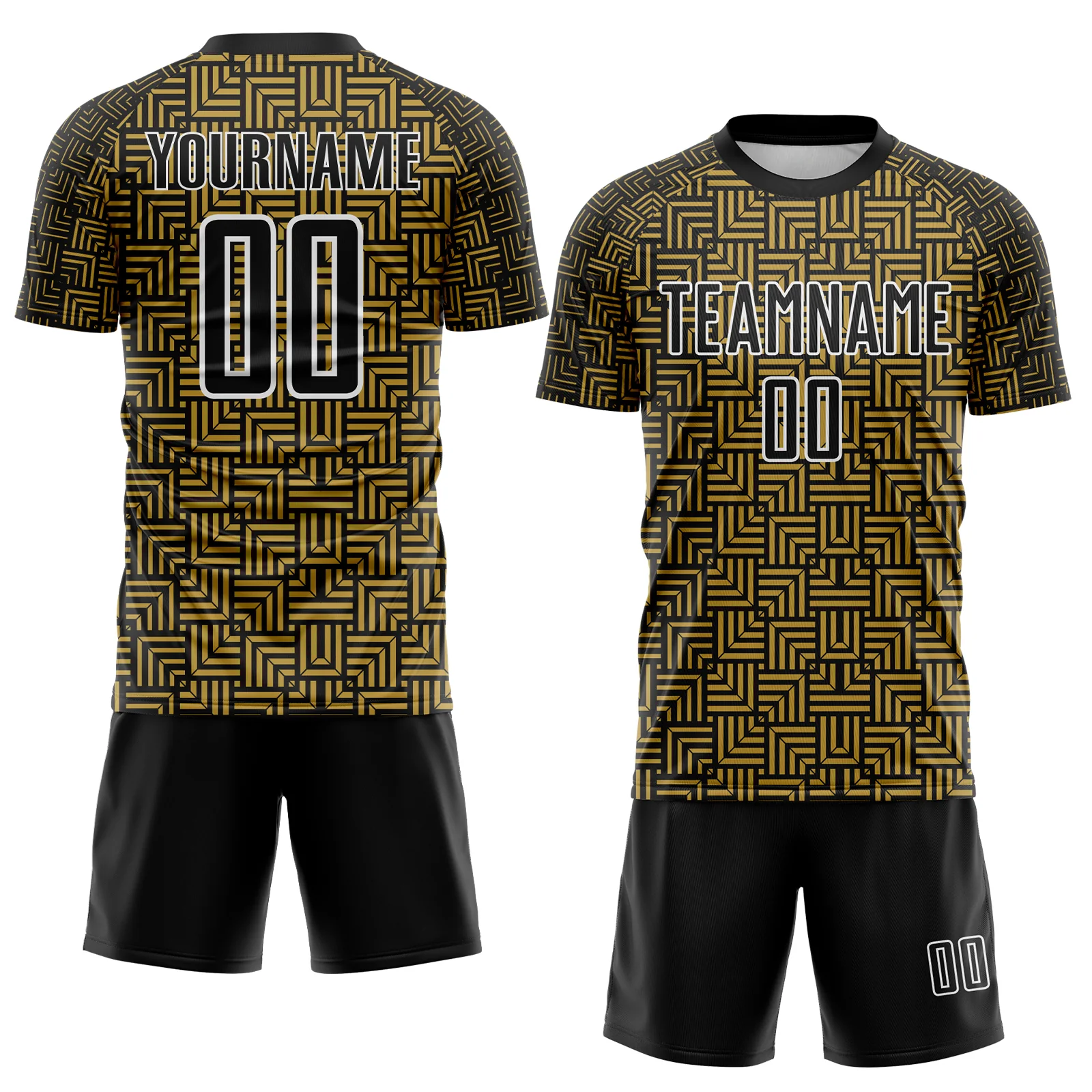 Custom Black Old Gold-White Geometric Maze Interlocking Square Sports Sublimation Soccer Uniform Jersey - Image 2