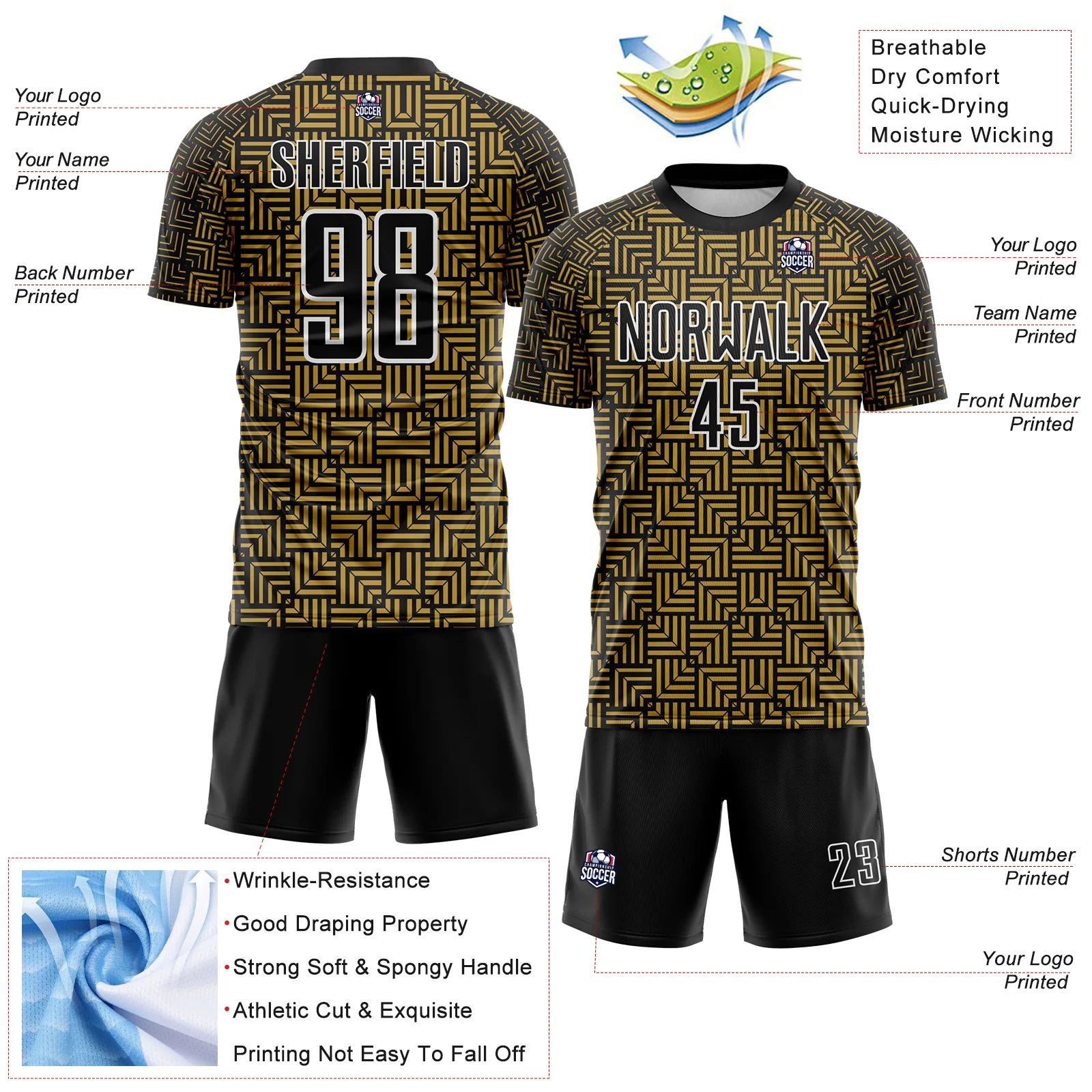 Custom Black Old Gold-White Geometric Maze Interlocking Square Sports Sublimation Soccer Uniform Jersey - Image 4