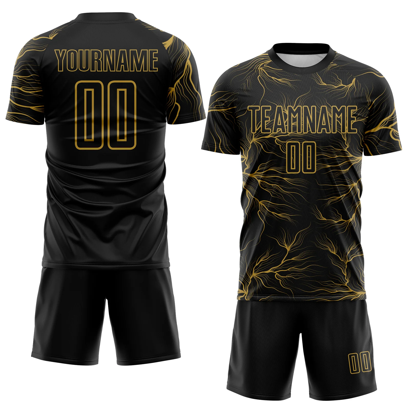 Custom Black Old Gold Lightning Electric Veins Sublimation Soccer Uniform Jersey - Image 2