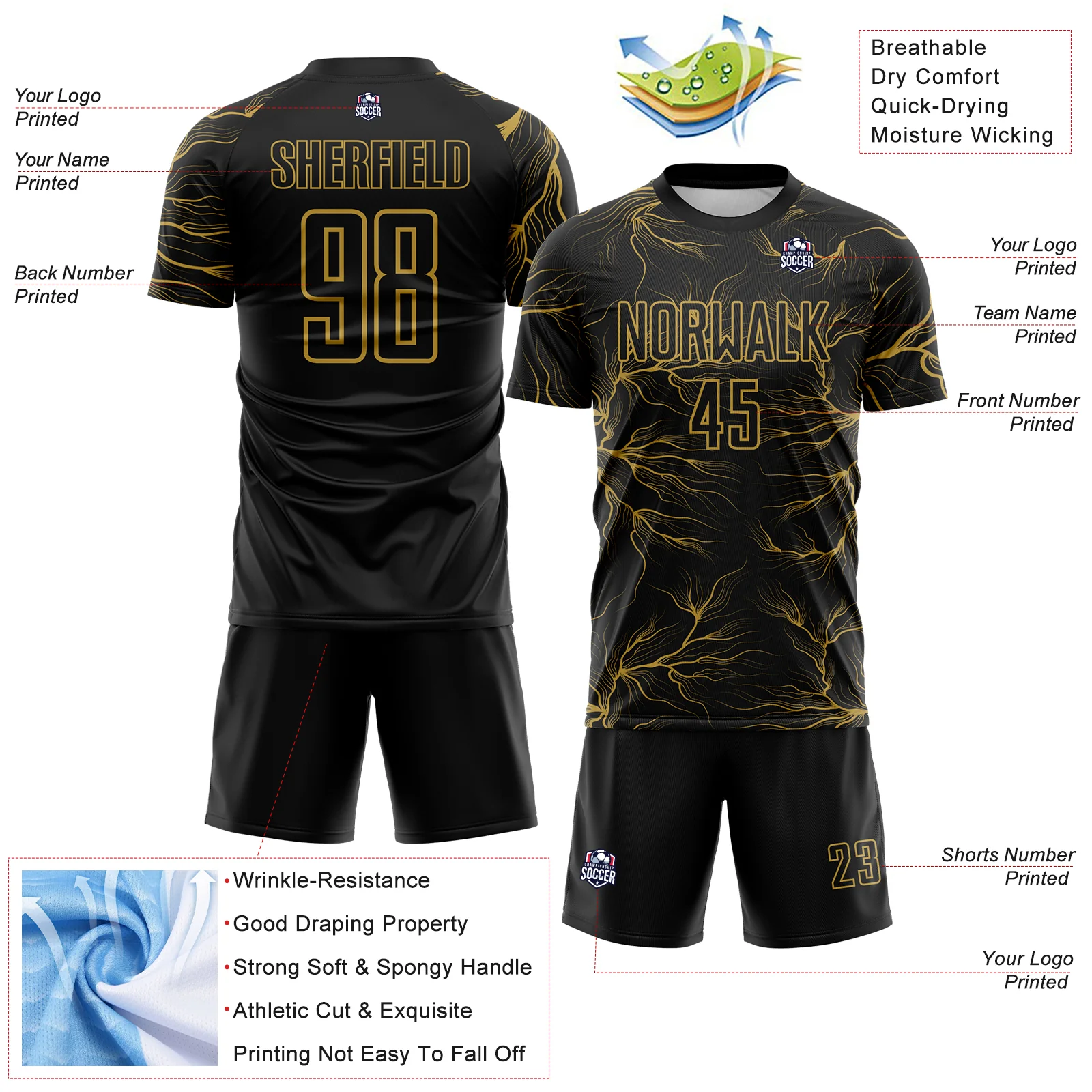 Custom Black Old Gold Lightning Electric Veins Sublimation Soccer Uniform Jersey - Image 4
