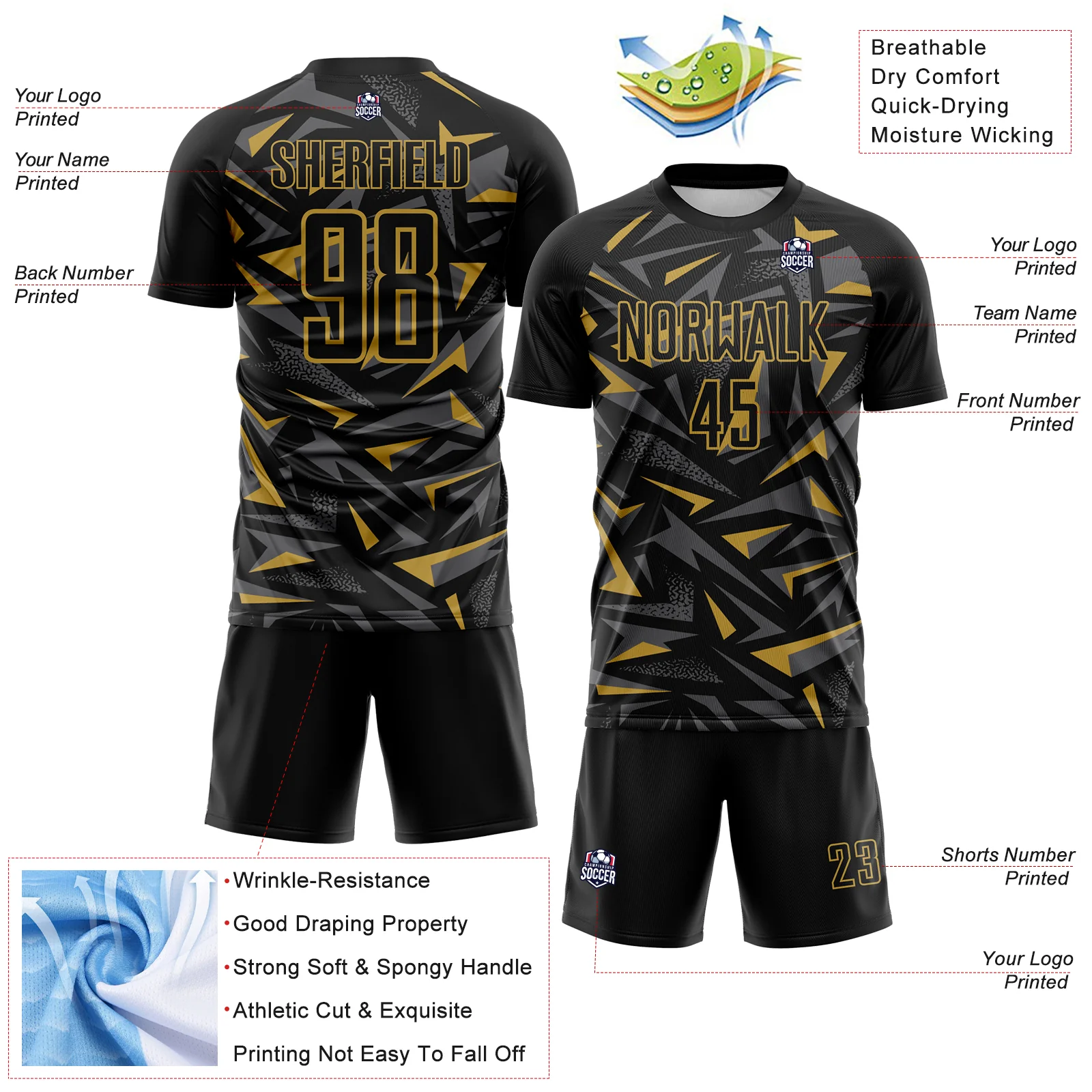 Custom Black Old Gold-Steel Gray Cyber Mecha E-sport Geometric Shards Spike Sublimation Soccer Uniform Jersey - Image 4
