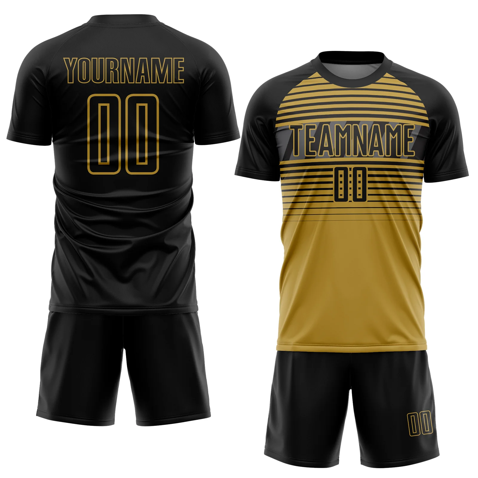 Custom Black Old Gold-Steel Gray Gradient Horizontal Stripes Sublimation Soccer Uniform Jersey - Image 2