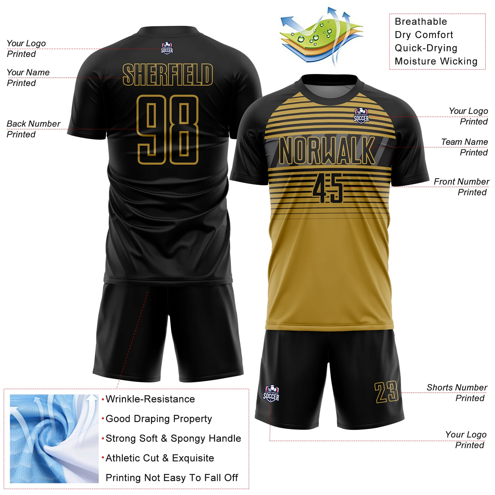 Custom Black Old Gold-Steel Gray Gradient Horizontal Stripes Sublimation Soccer Uniform Jersey - Image 4