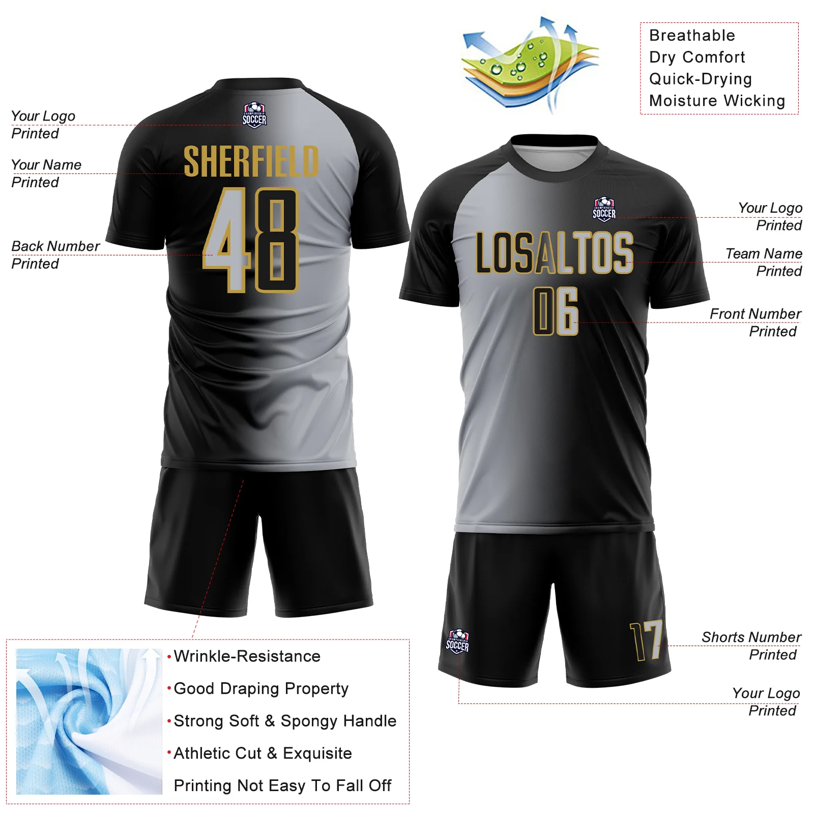 Custom Black Gray-Old Gold Sublimation Gradient Fashion Soccer Uniform Jersey - Image 4