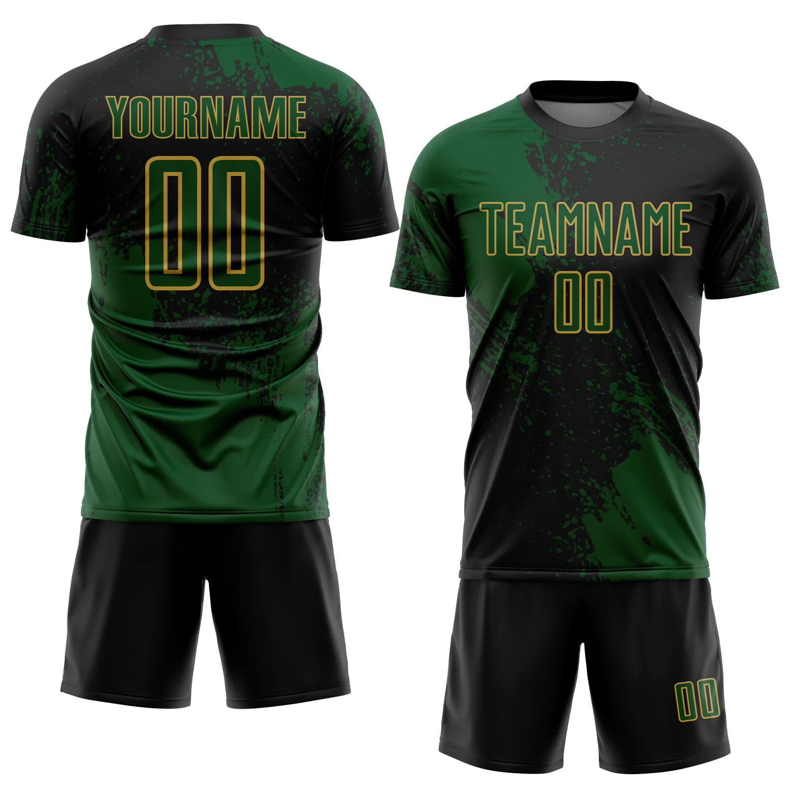 Custom Black Green-Old Gold Abstract Brush Stroke Sports Sublimation Soccer Uniform Jersey - Image 2