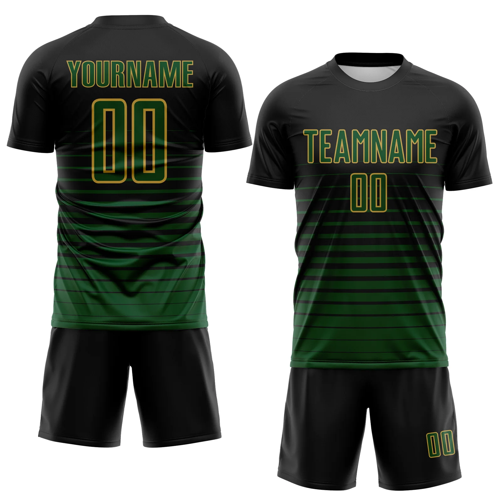 Custom Black Green-Old Gold Gradient Pinstripe Sublimation Soccer Uniform Jersey - Image 2