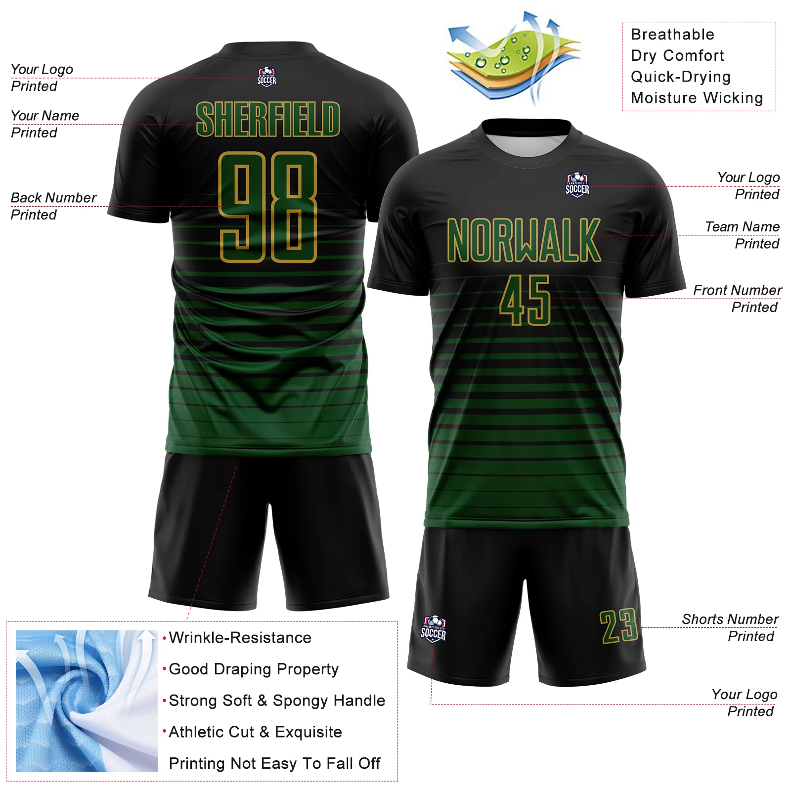 Custom Black Green-Old Gold Gradient Pinstripe Sublimation Soccer Uniform Jersey - Image 4