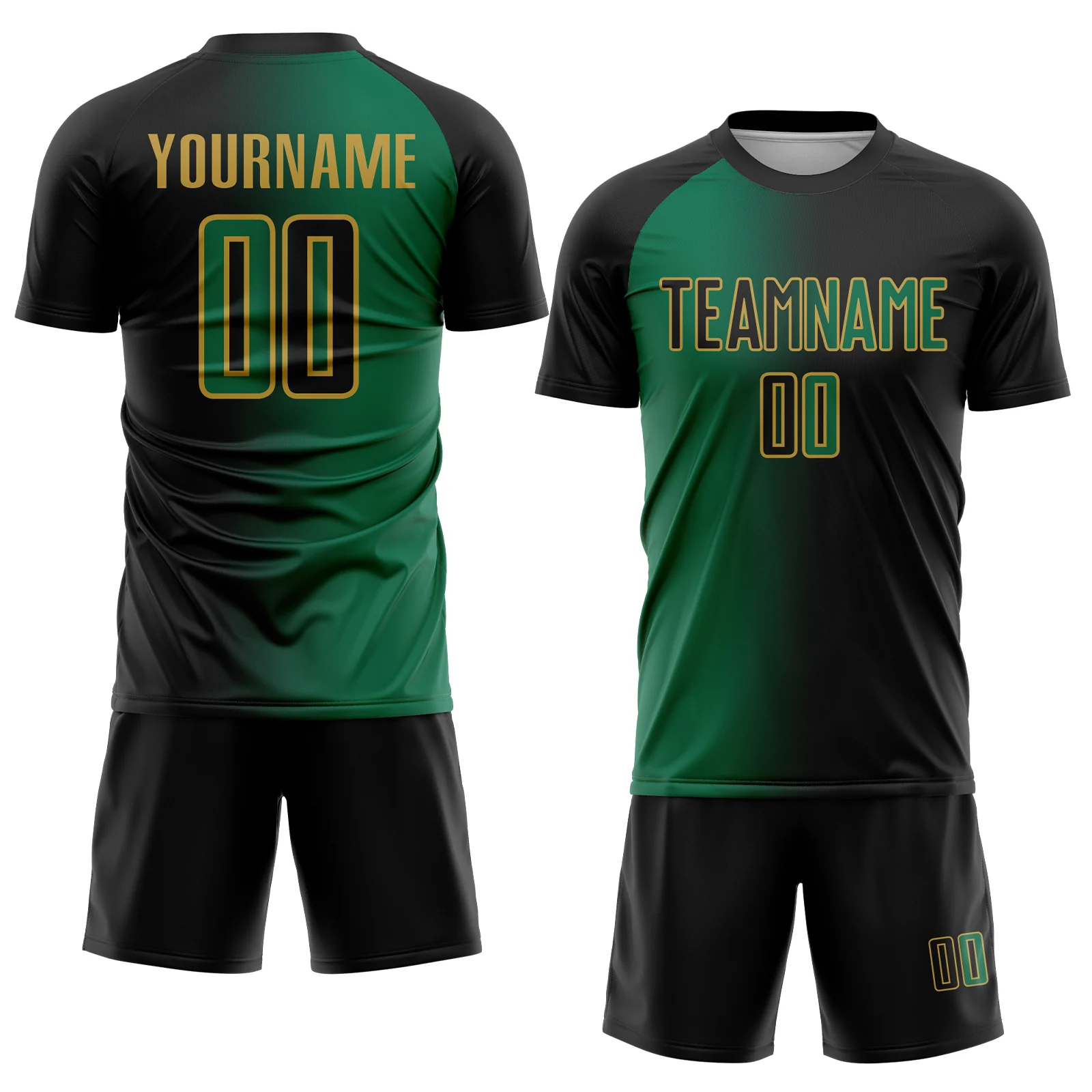 Custom Black Kelly Green-Old Gold Sublimation Gradient Fashion Soccer Uniform Jersey - Image 2