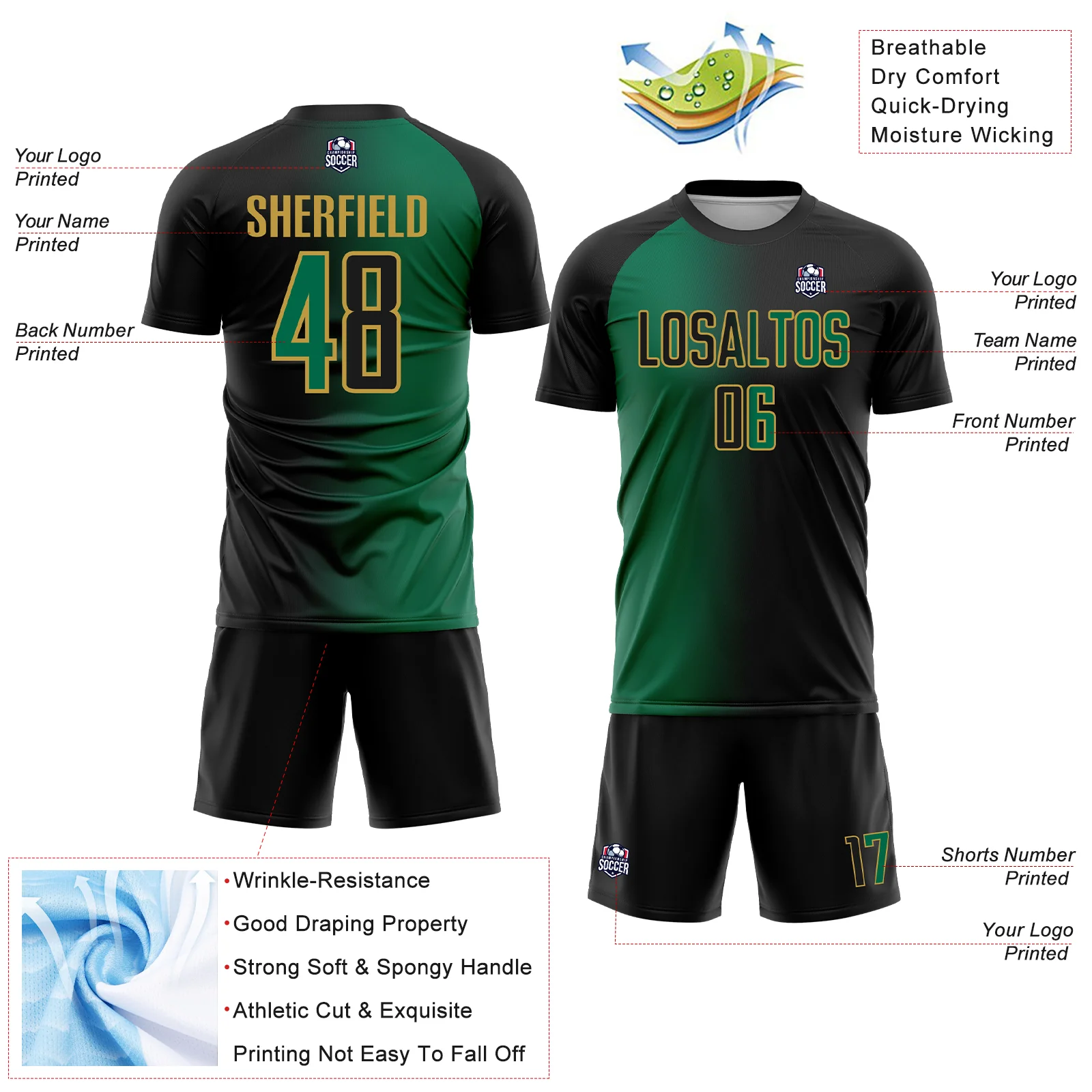 Custom Black Kelly Green-Old Gold Sublimation Gradient Fashion Soccer Uniform Jersey - Image 4