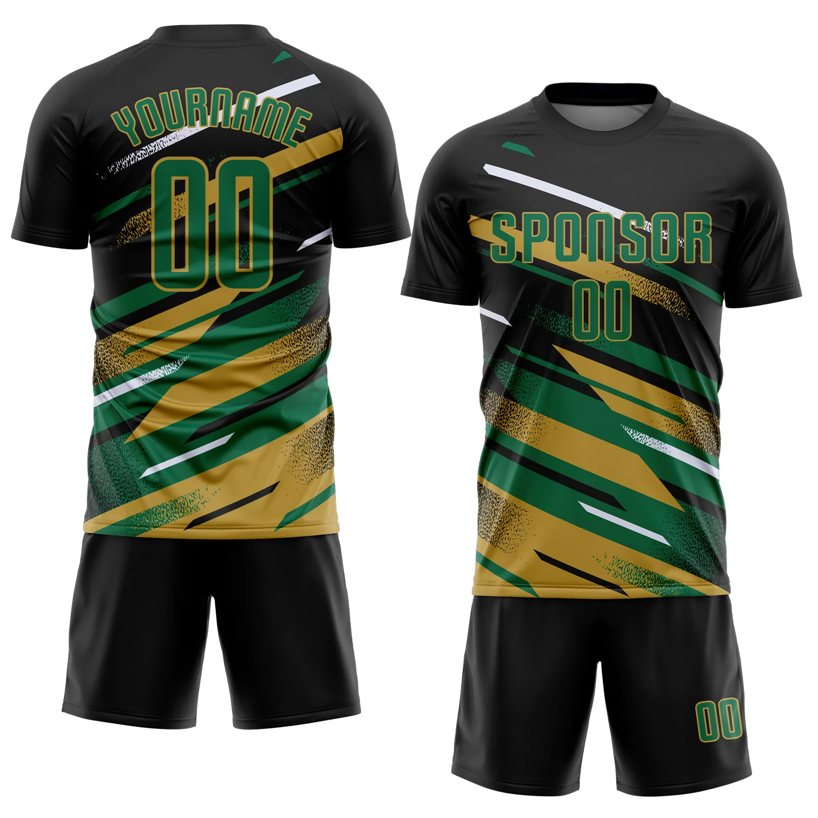 Custom Black Kelly Green Old Gold-White Grunge Stripe And Grainy Sports Sublimation Soccer Uniform Jersey - Image 2